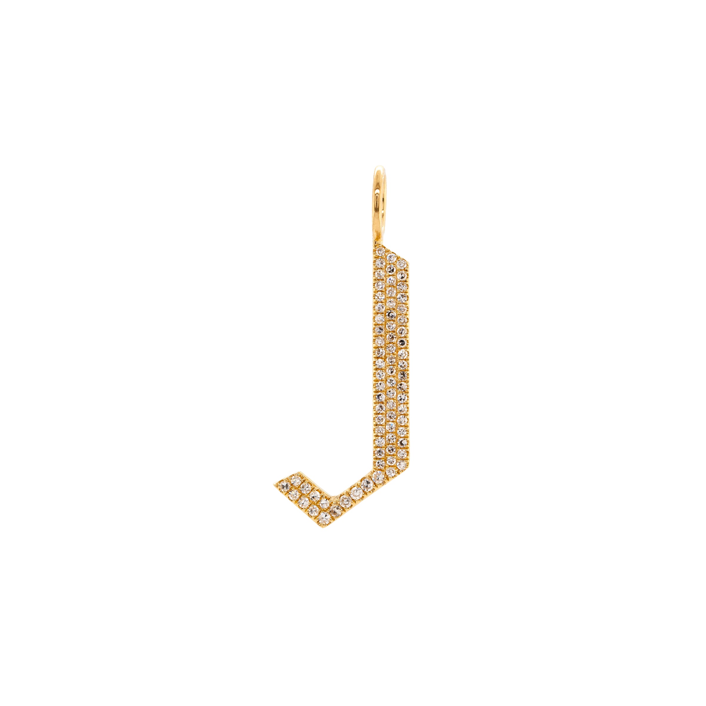 "j" Large White Diamond Alphabet Pendant: A 14K yellow gold diamond alphabet pendant with the letter 'j'