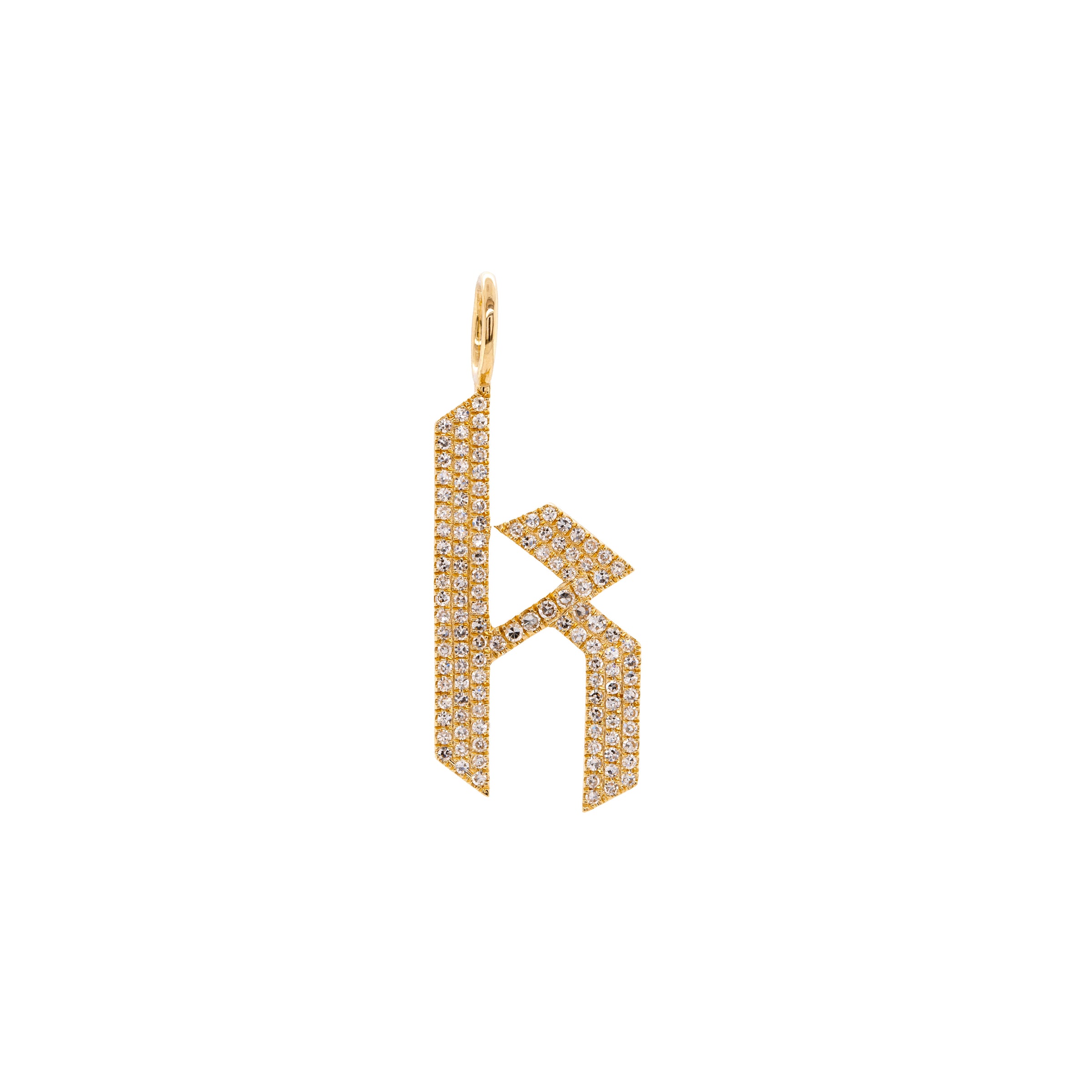 "k" Large White Diamond Alphabet Pendant: A 14K yellow gold diamond alphabet pendant with the letter 'k'