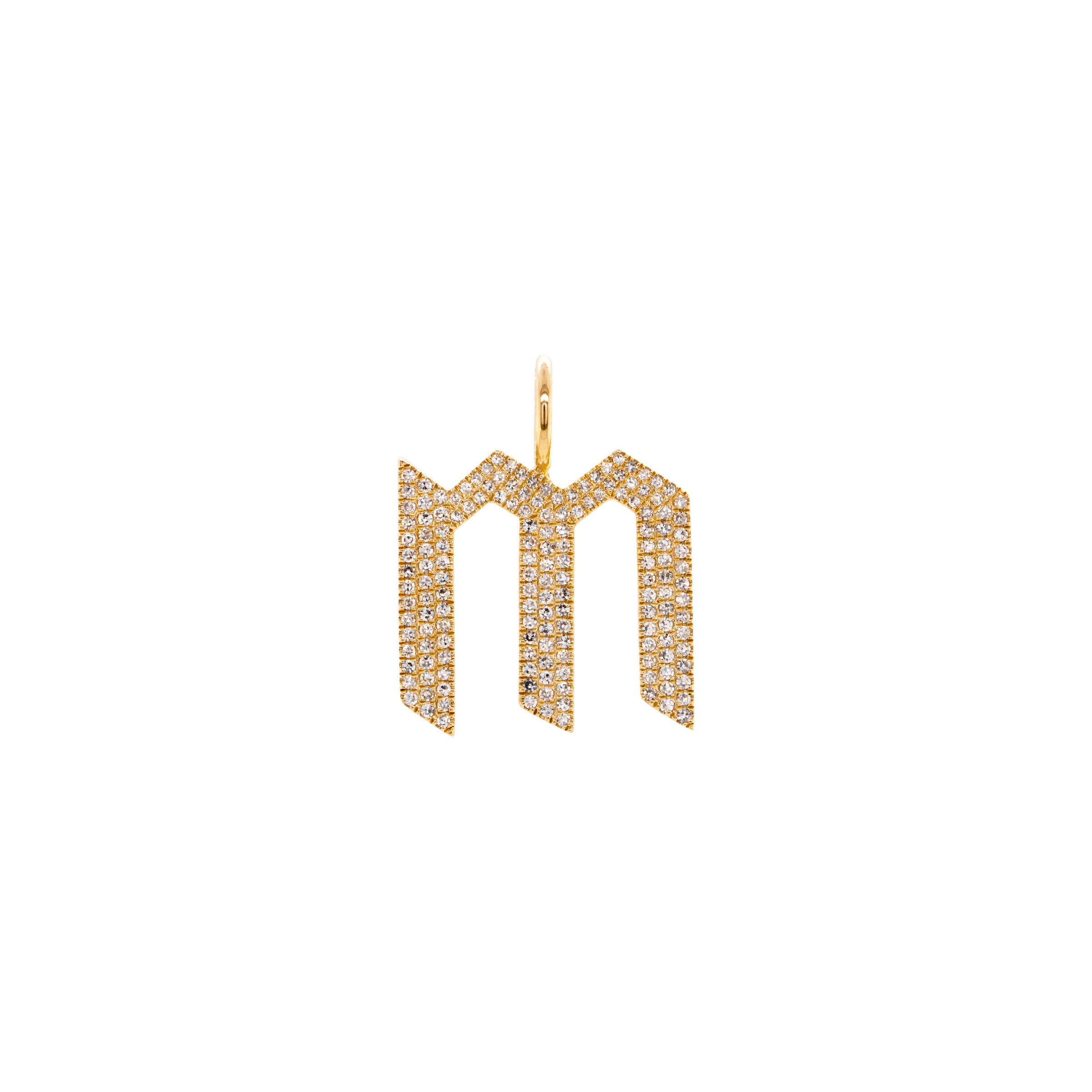 "m" Large White Diamond Alphabet Pendant: A 14K yellow gold diamond alphabet pendant with the letter 'm'