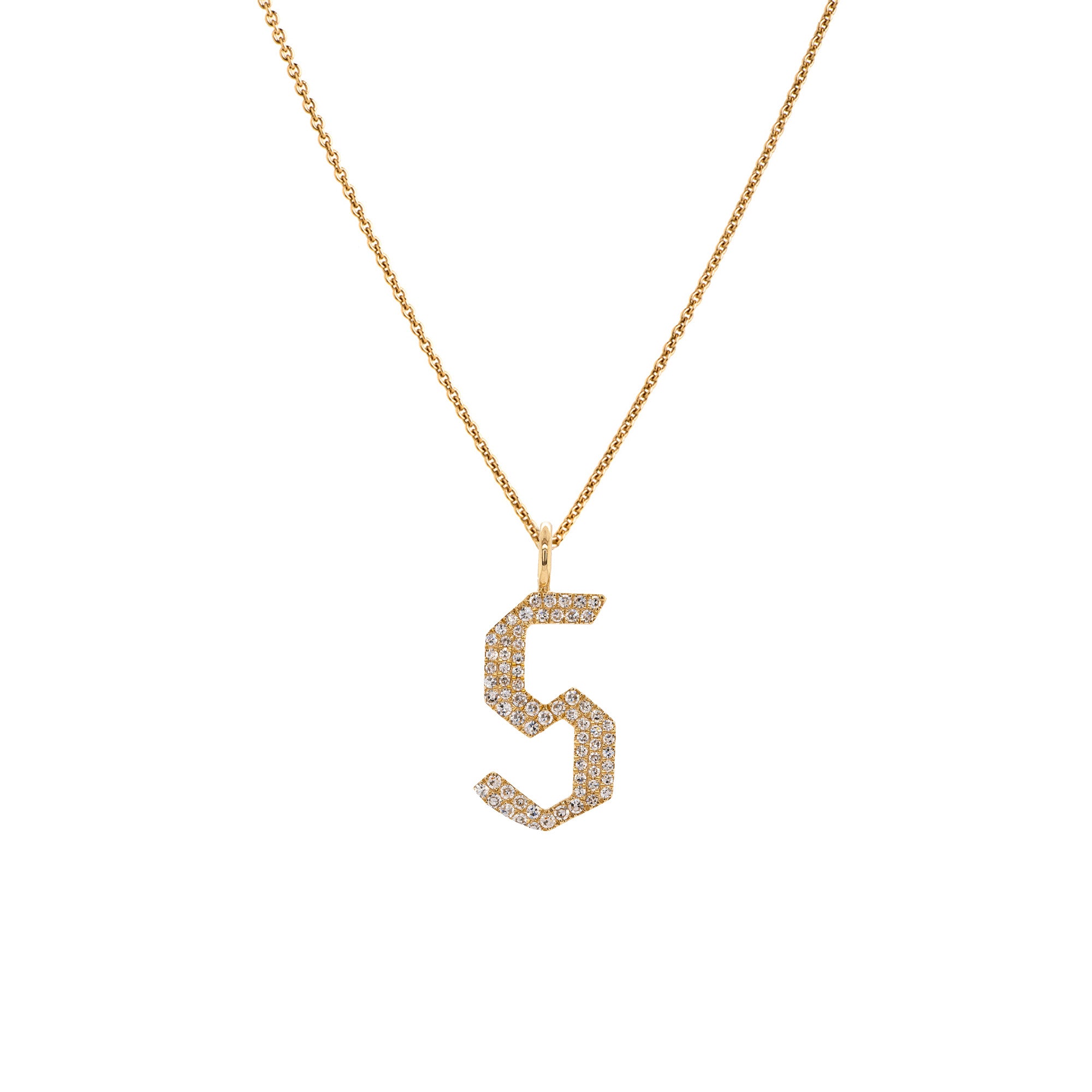 "s" Large White Diamond Alphabet Necklace: A 14K yellow gold diamond alphabet pendant with the letter 's' with a chain