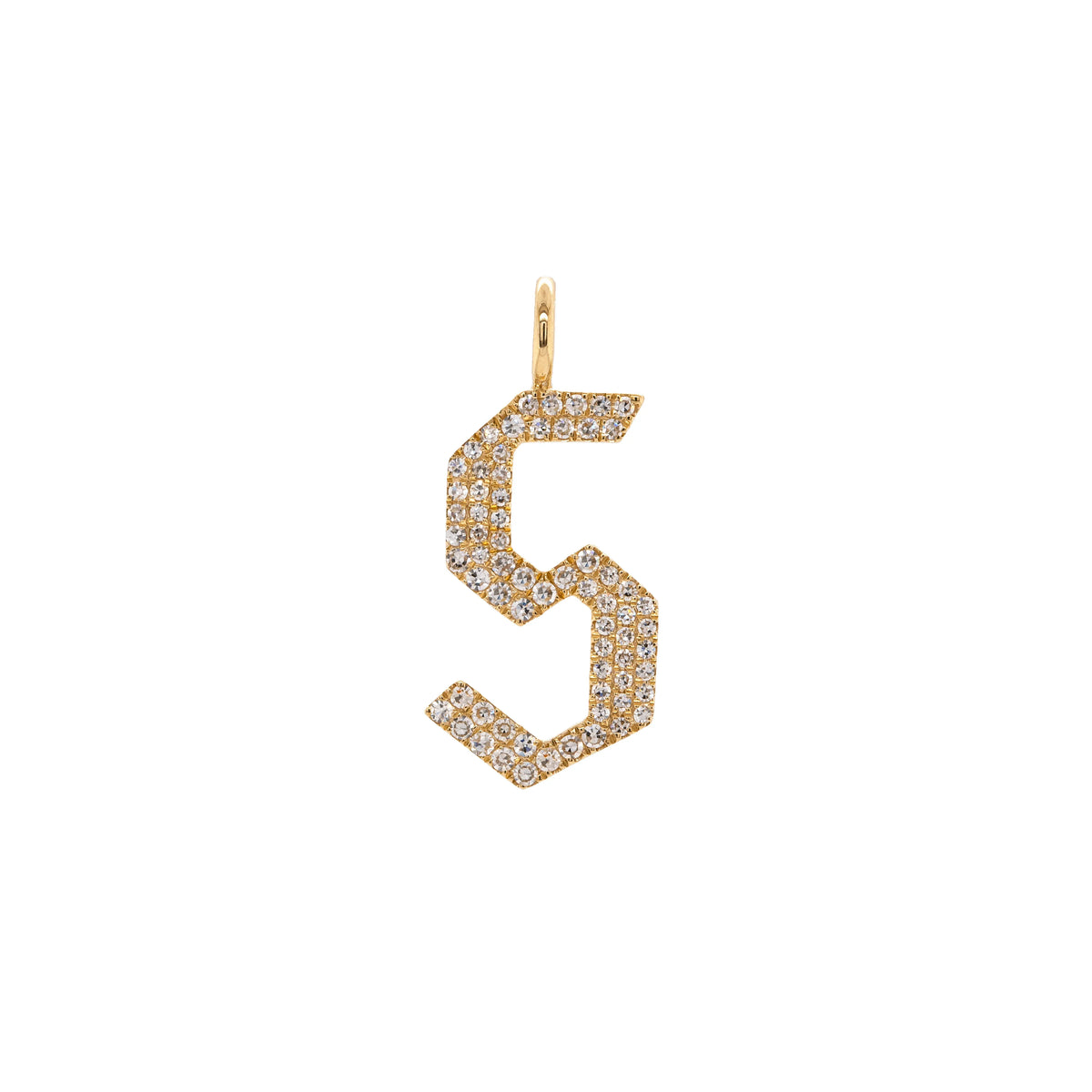 "s" Large White Diamond Alphabet Pendant: A 14K yellow gold diamond alphabet pendant with the letter 's'