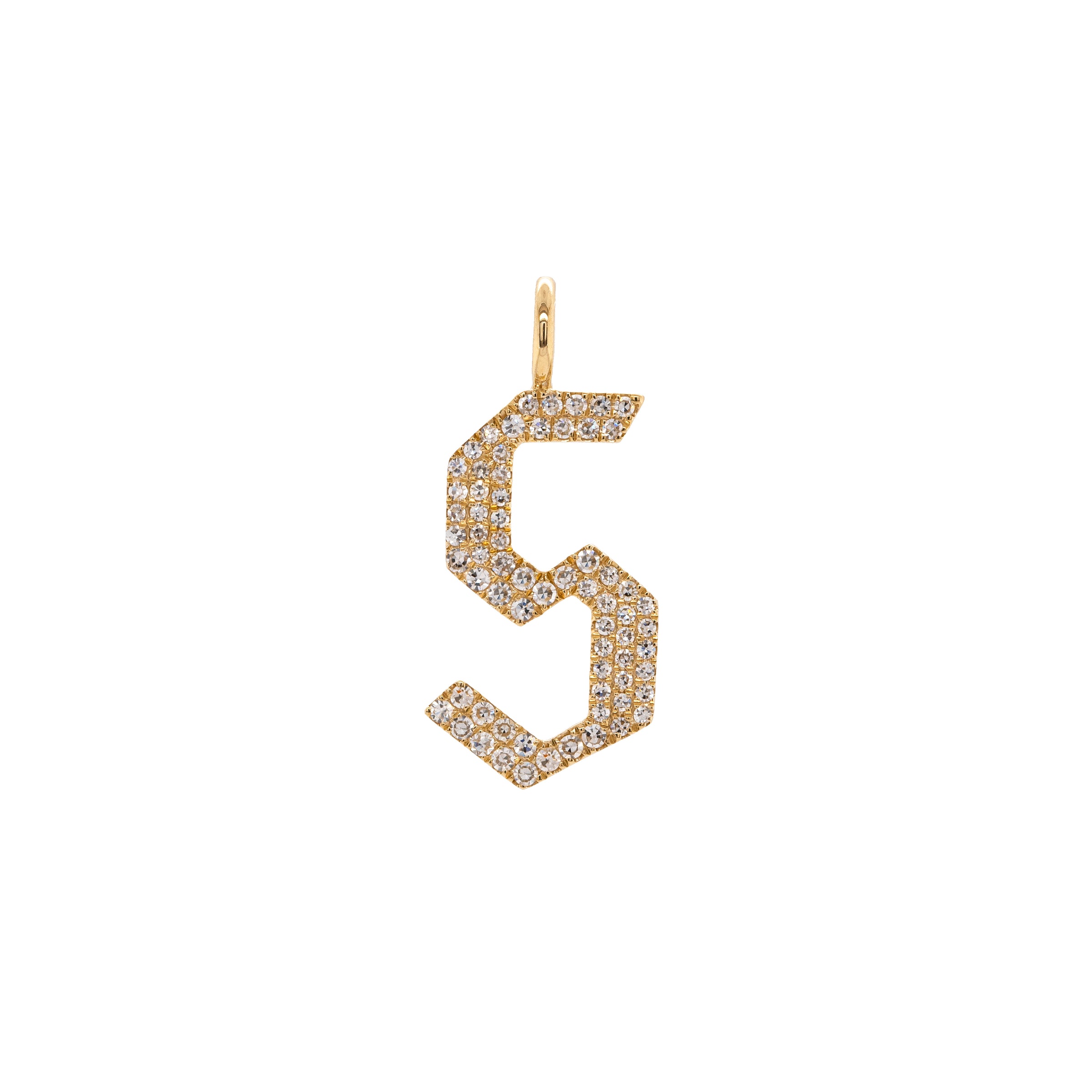 "s" Large White Diamond Alphabet Pendant: A 14K yellow gold diamond alphabet pendant with the letter 's'