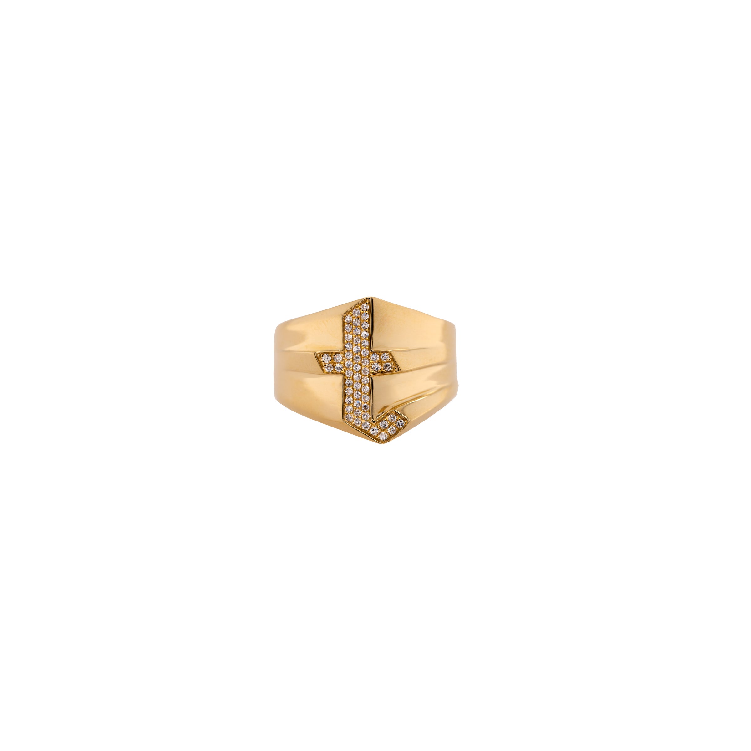 "t" Alphabet Signet Ring: A 14K gold signet ring with a letter 't' design, set with small diamonds.