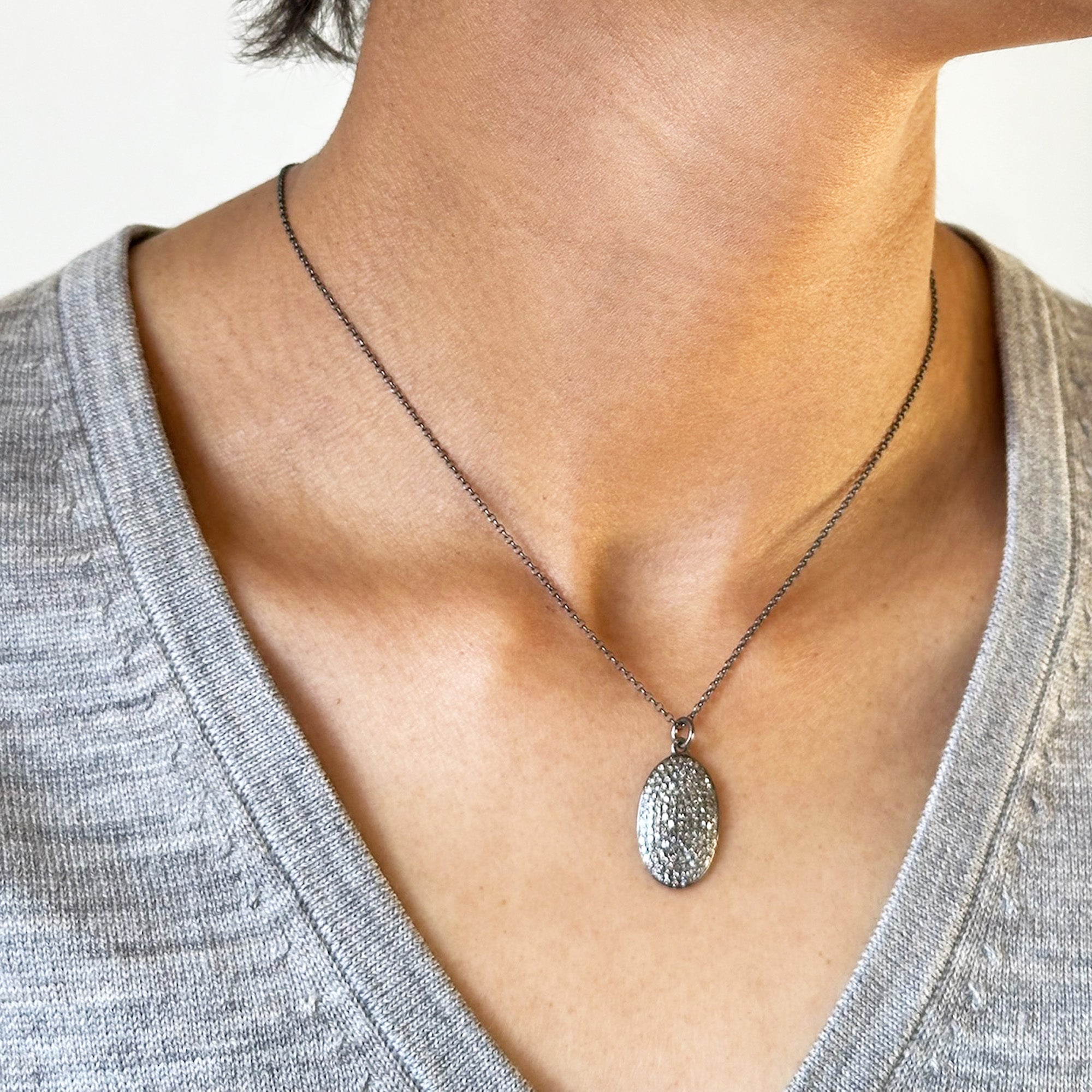 woman wearing the Silver Oblong Pave Diamond Necklace