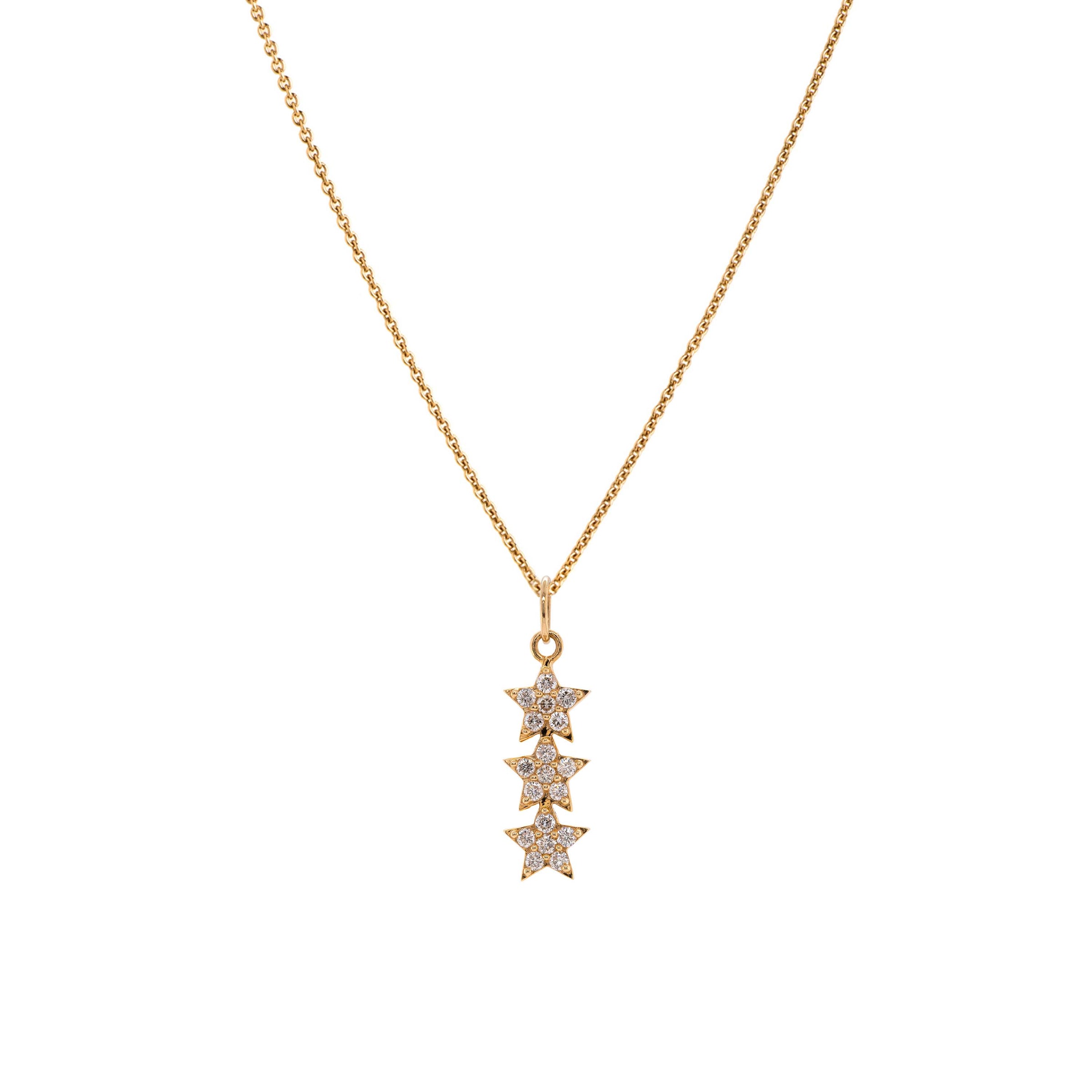 3 Star Diamond Necklace: A 14K gold diamond pendant necklace with three star-shaped diamonds on a chain.