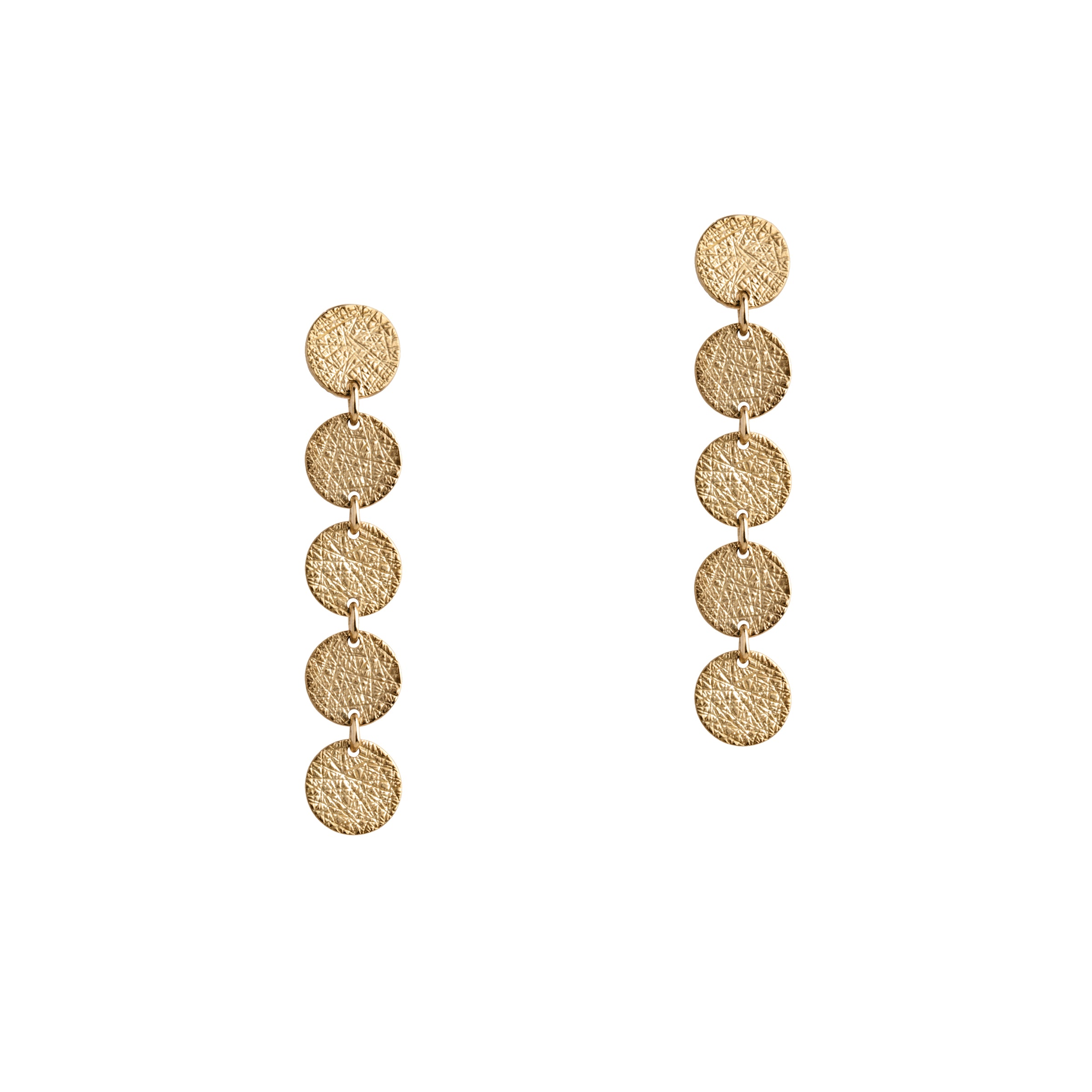 5-Dot Earrings: A pair of 18K yellow gold dotted earrings with a post and butterfly back.