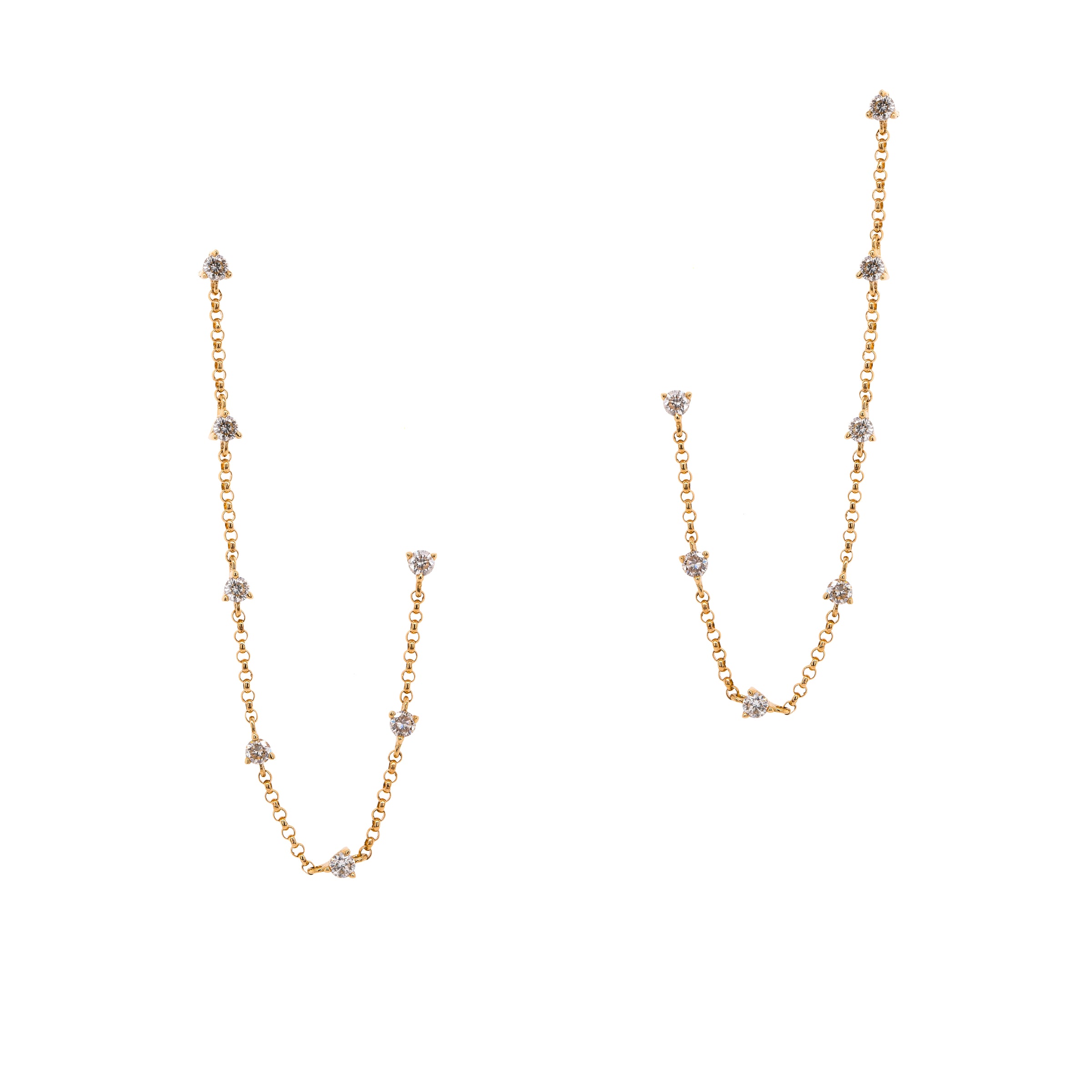 7 Diamond Chain Double Piercing Earrings: A pair of 14K gold diamond chain double piercing earrings with a post and butterfly back fastening.