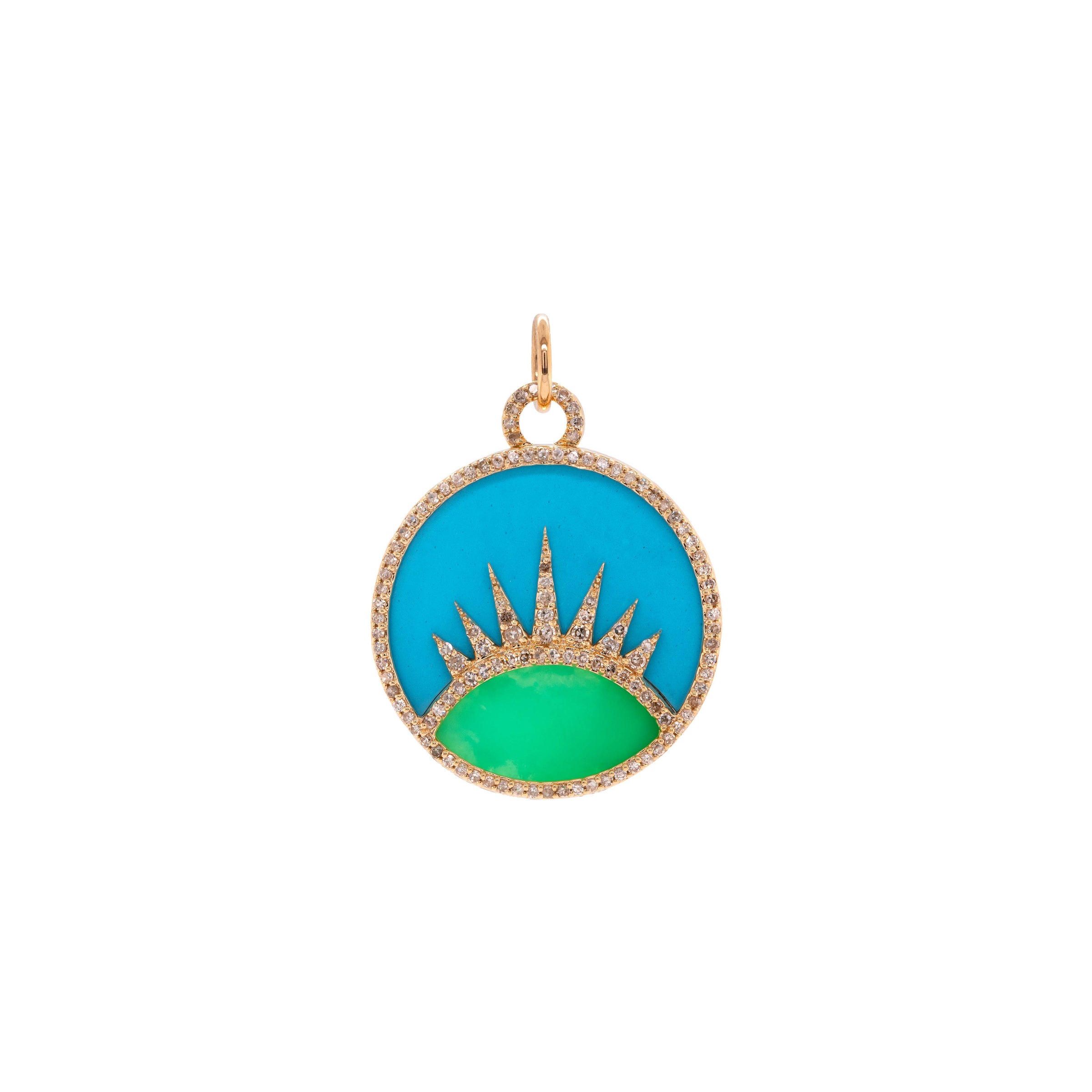 A Better Day Medallion: 14K yellow gold with turquoise and chrysoprase medallion pendant.