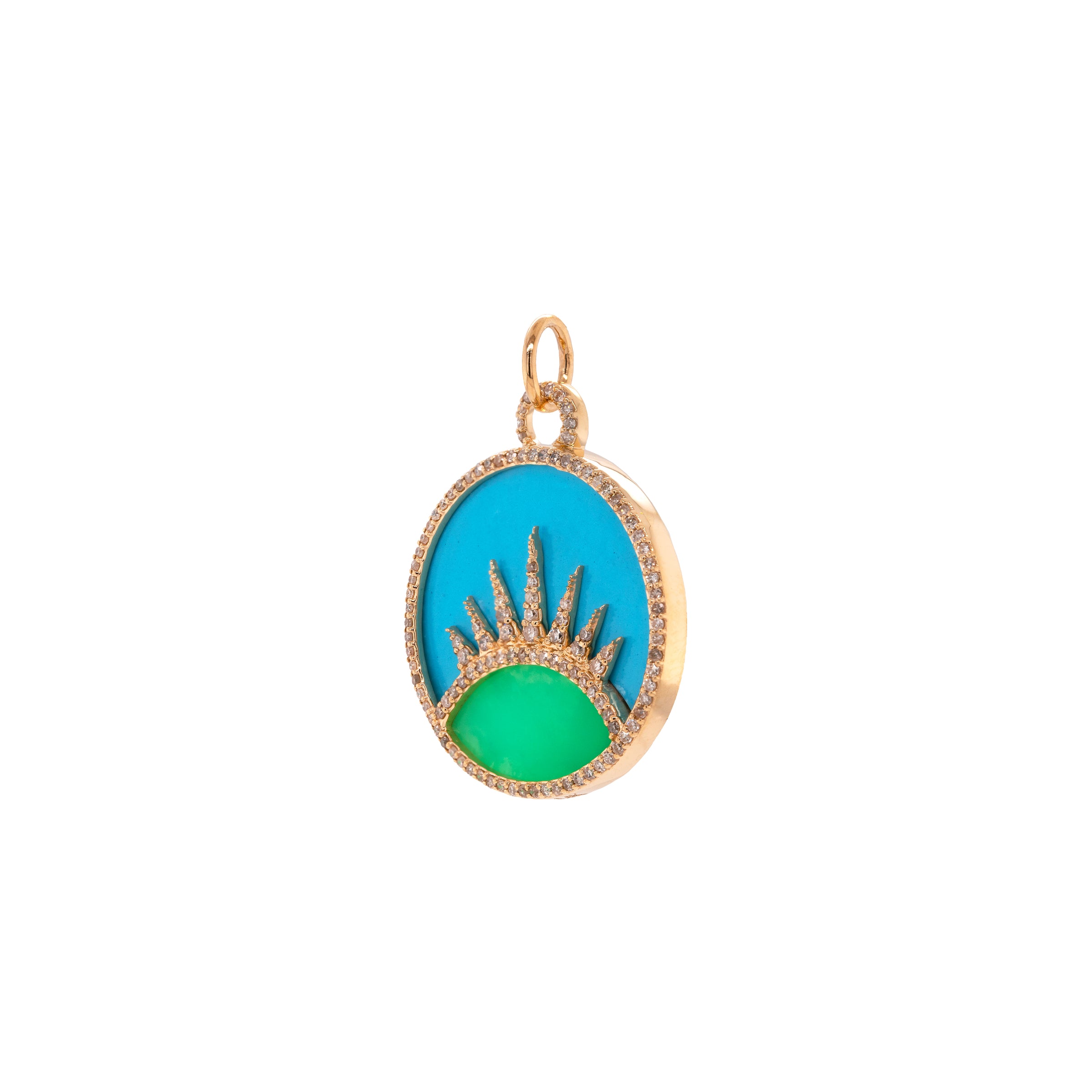 A Better Day Medallion: 14K yellow gold with turquoise and chrysoprase medallion pendant.