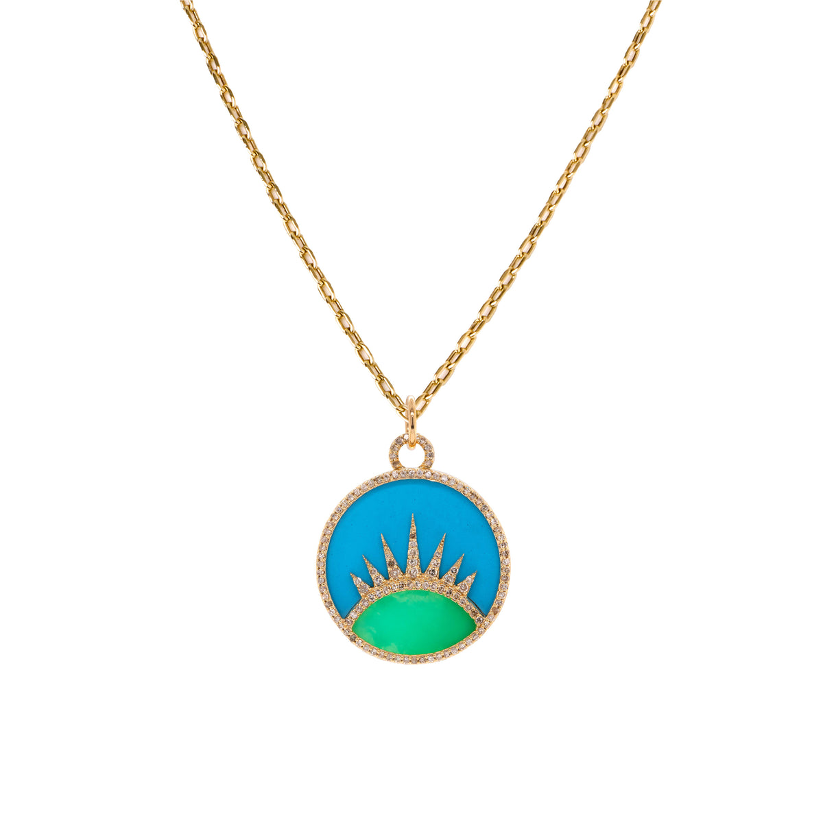 A Better Day Necklace: A medallion necklace with a 14K yellow gold chain and a turquoise and chrysoprase medallion pendant.