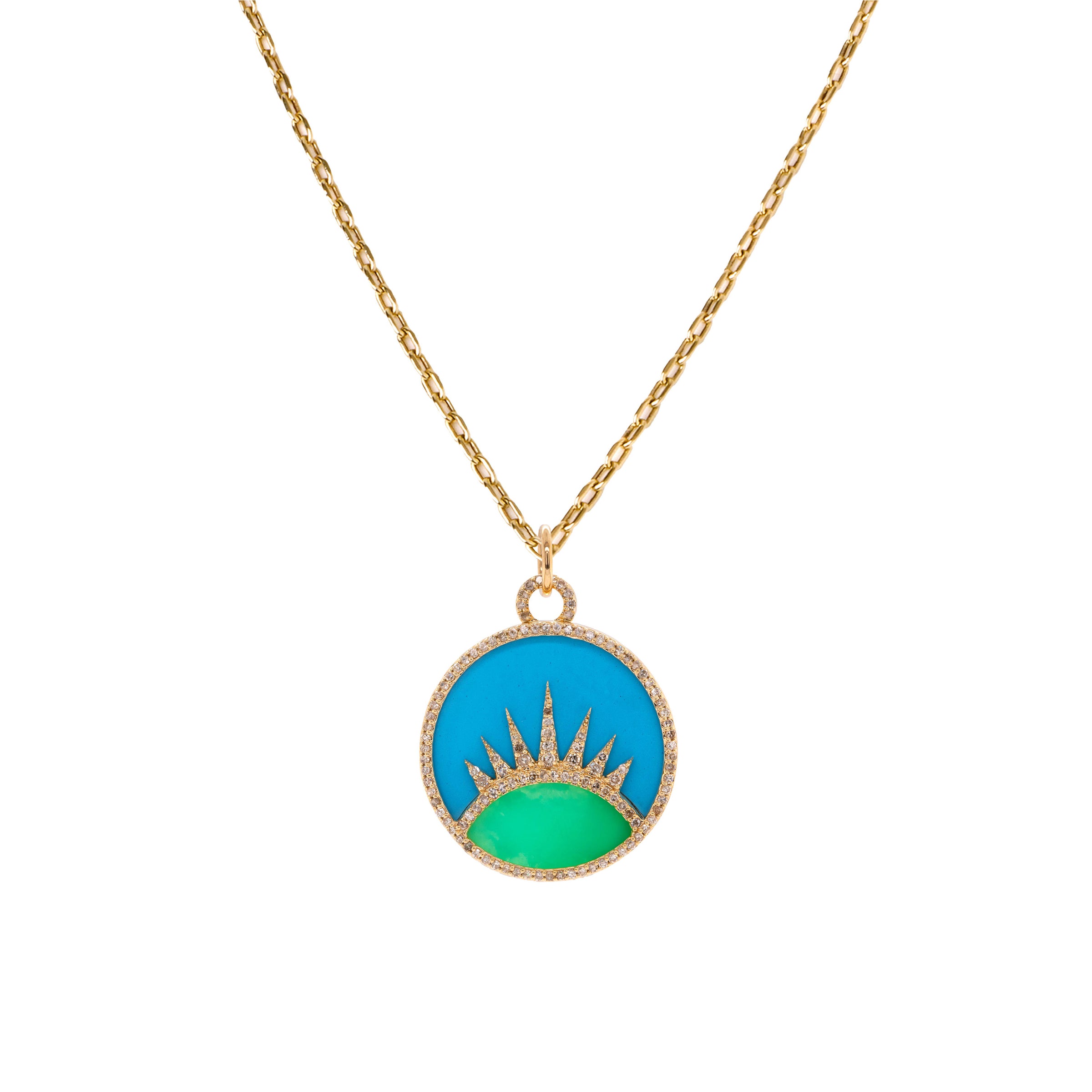 A Better Day Necklace: A medallion necklace with a 14K yellow gold chain and a turquoise and chrysoprase medallion pendant.