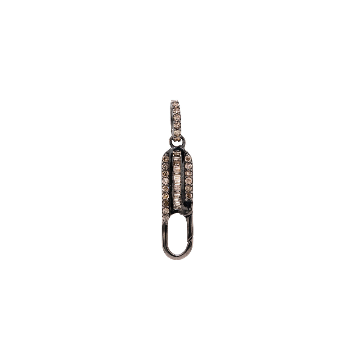 Baguette Diamond Charm Clasp: A sterling silver oxidized charm with baguette champagne diamonds surrounded by smaller round champagne diamonds 