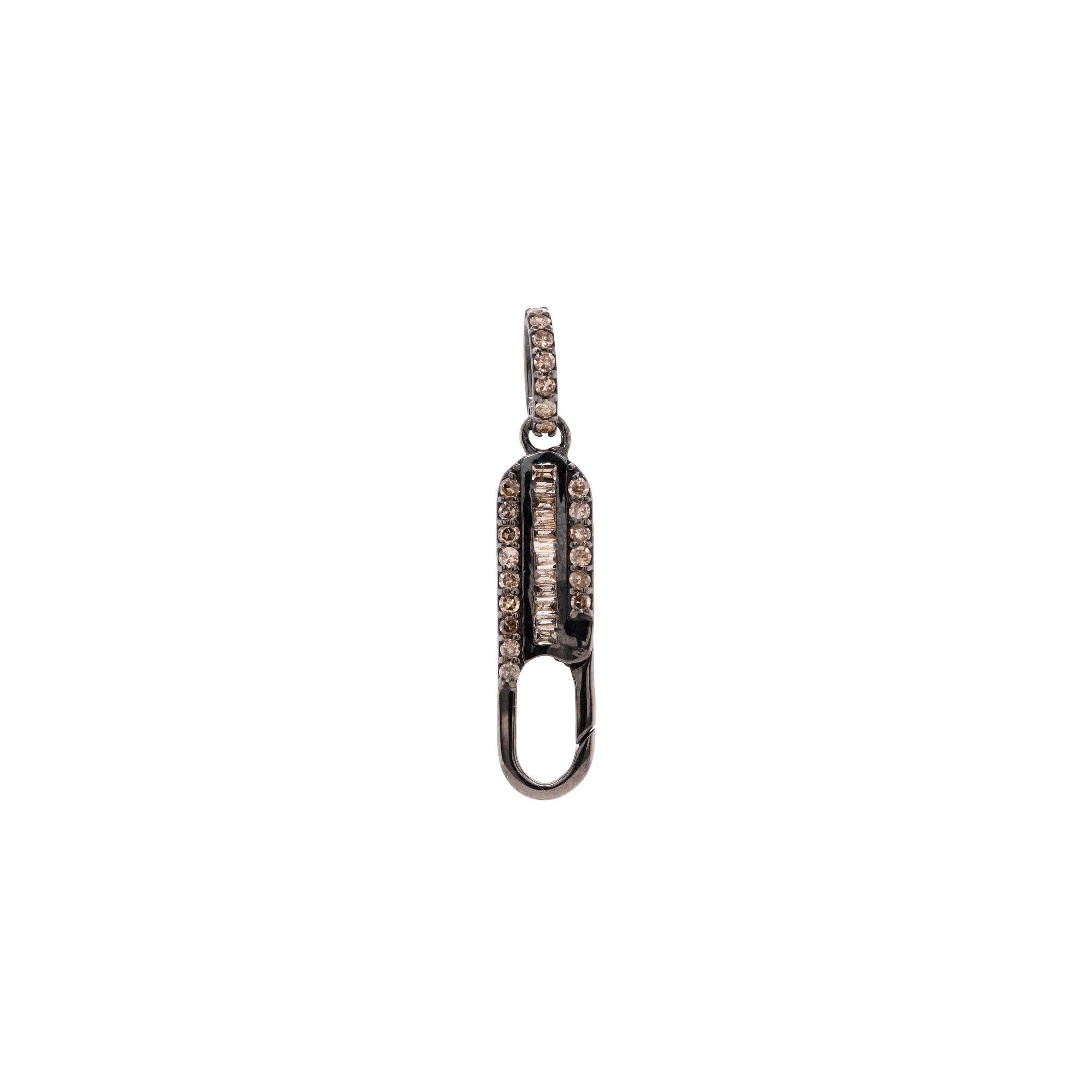 Baguette Diamond Charm Clasp: A sterling silver oxidized charm with baguette champagne diamonds surrounded by smaller round champagne diamonds 