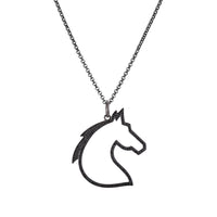 Black Diamond Horse Head Necklace: A sterling silver pendant in the shape of a horse's head with black diamonds, on a chain.