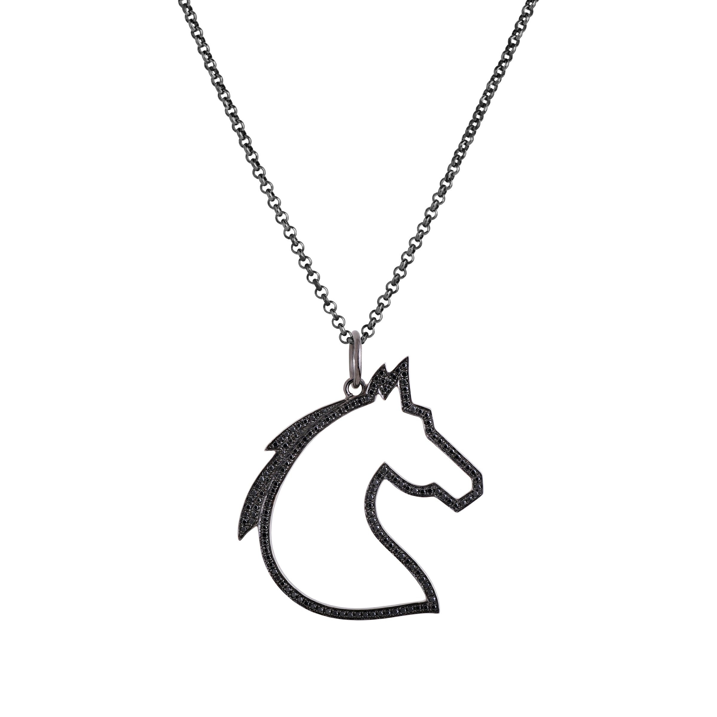 Black Diamond Horse Head Necklace: A sterling silver pendant in the shape of a horse's head with black diamonds, on a chain.