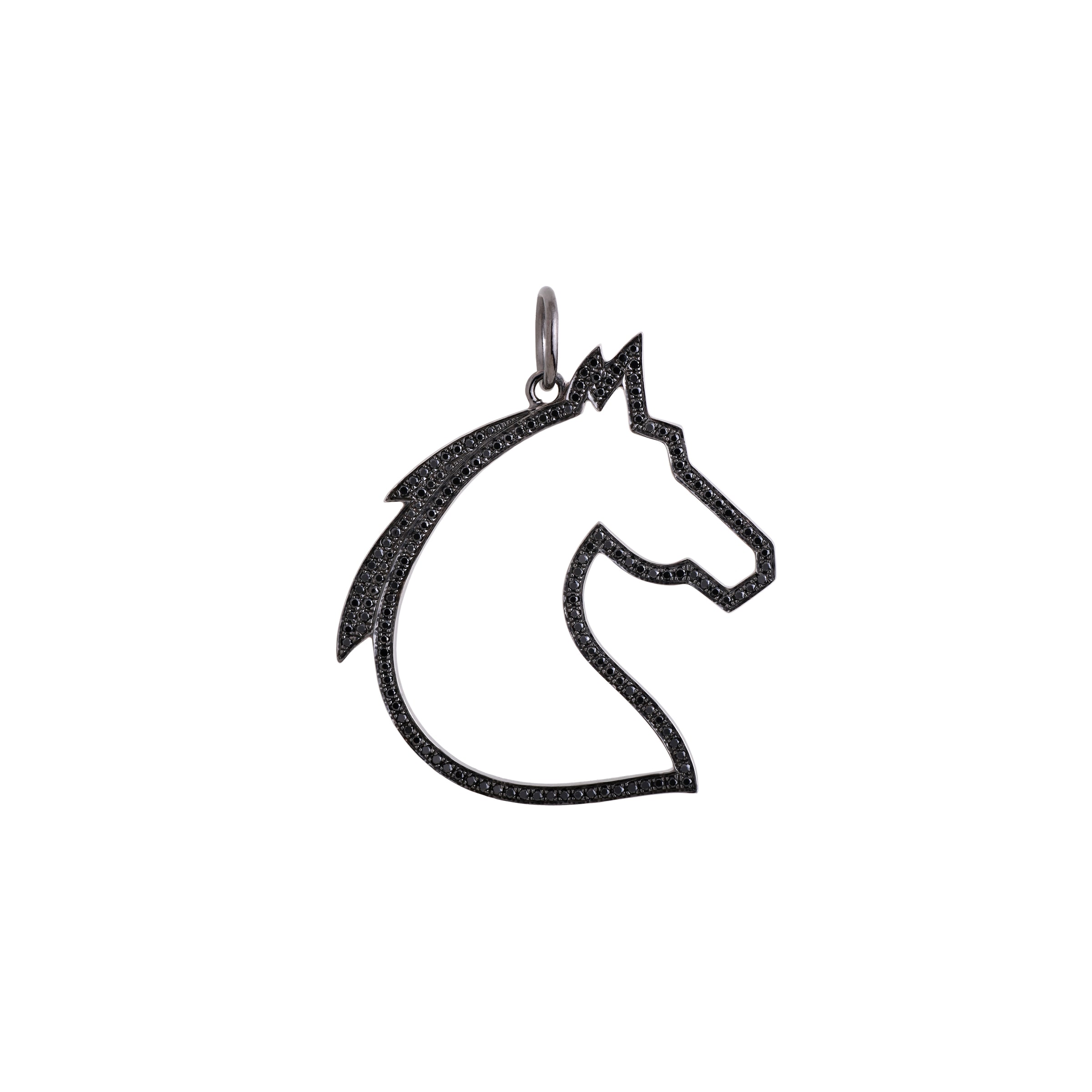 Black Diamond Horse Head Pendant: A sterling silver pendant in the shape of a horse's head with black diamonds