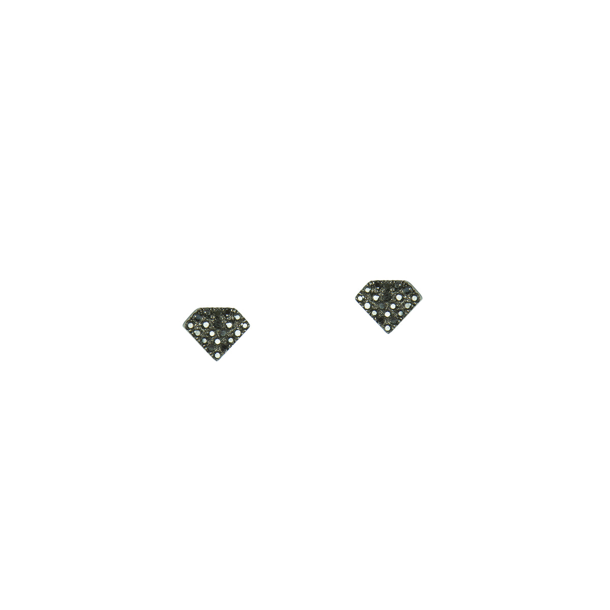 Black Diamond Shield Studs: A pair of 14K black gold diamond stud earrings with a post and butterfly back fastening.