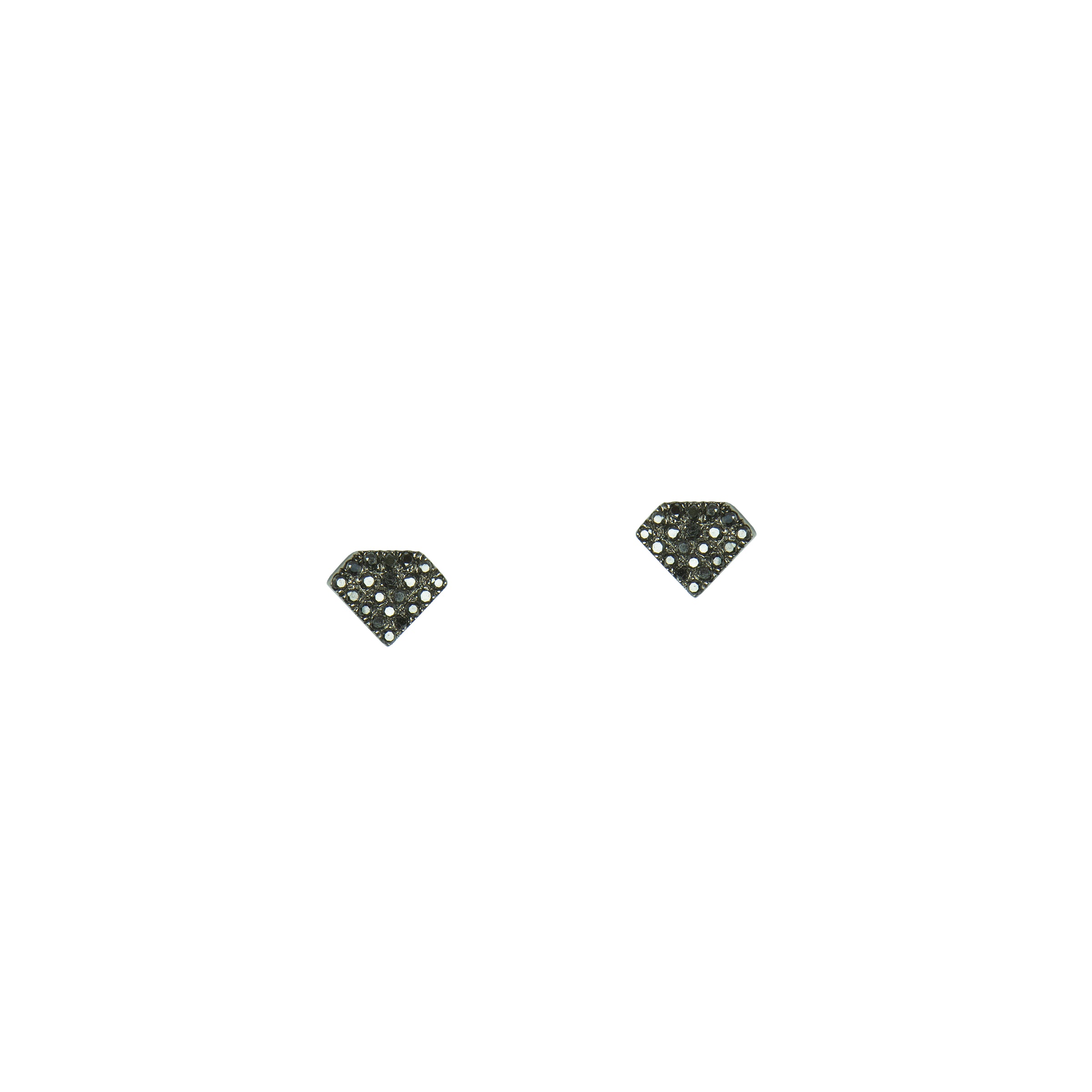 Black Diamond Shield Studs: A pair of 14K black gold diamond stud earrings with a post and butterfly back fastening.