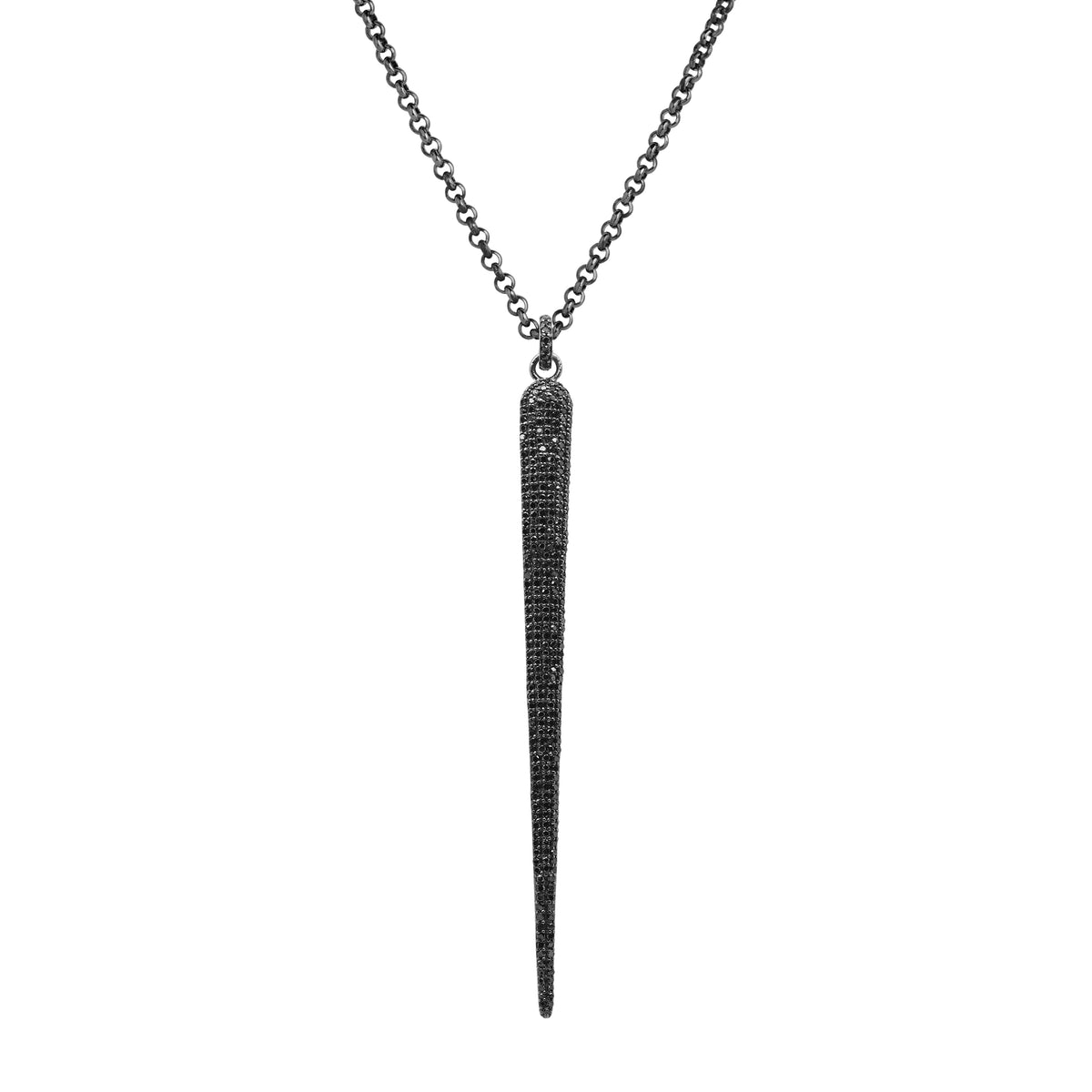 Black Diamond Spear Necklace: A pendant with oxidized silver and black diamonds designed to resemble a spear, attached to a chain.