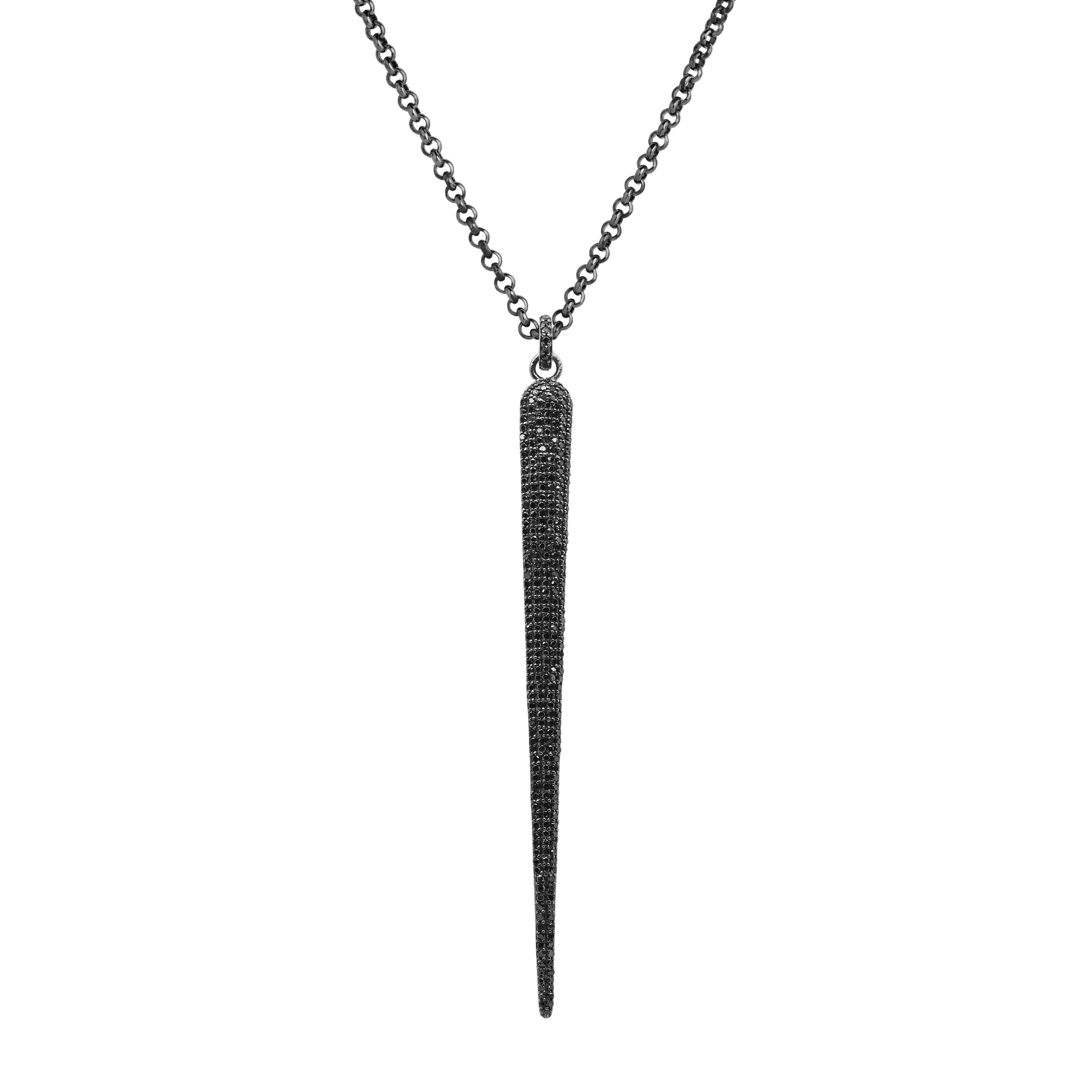 Black Diamond Spear Necklace: A pendant with oxidized silver and black diamonds designed to resemble a spear, attached to a chain.