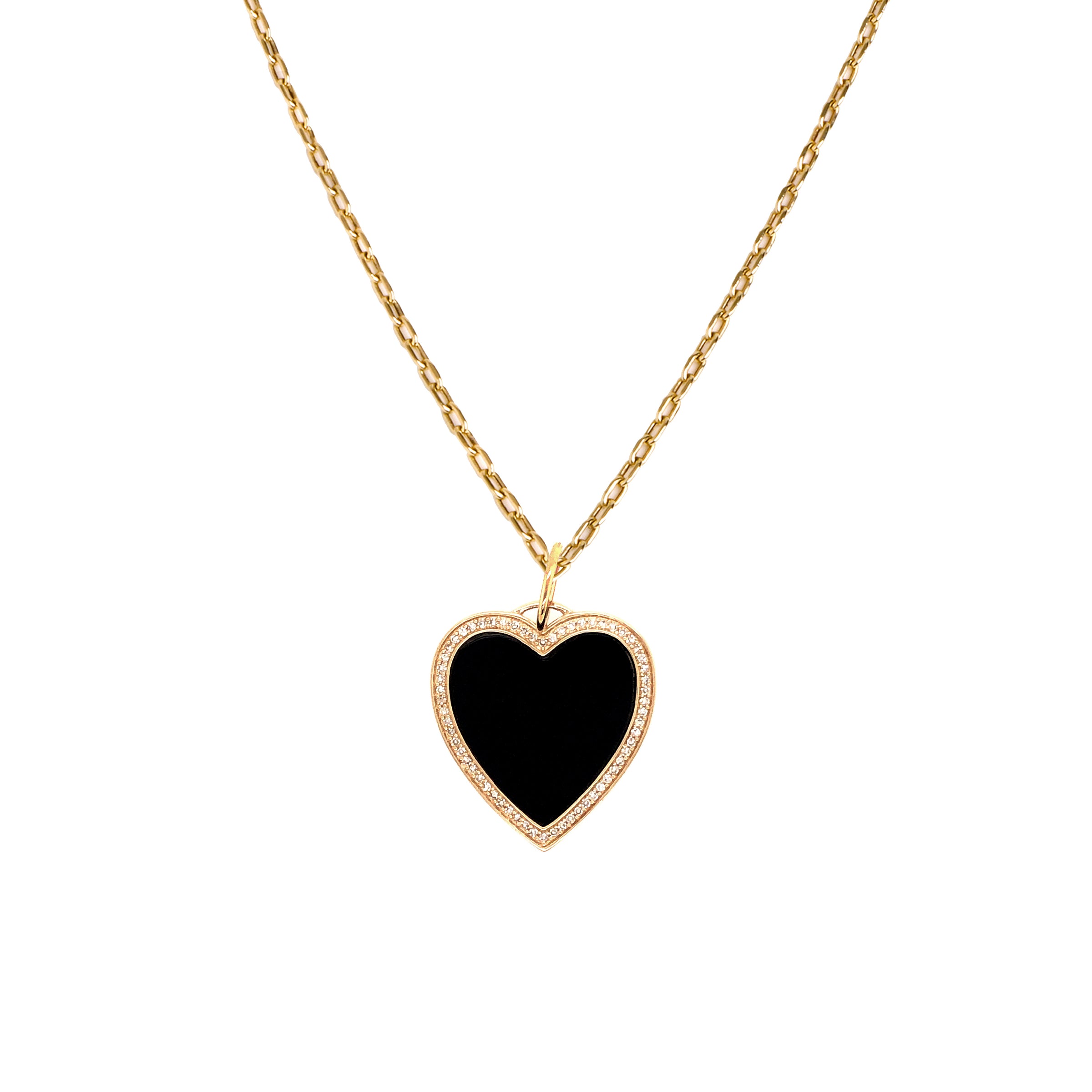 Black Enamel Heart Necklace: A 14K yellow gold enamel heart-shaped pendant surrounded by diamonds, attached to a matching yellow gold chain.