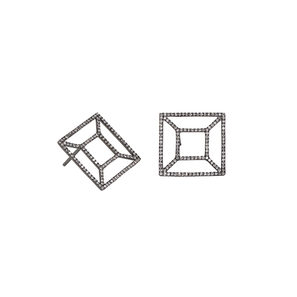 Black Gold Diamond Windowpane Studs: A pair of black gold-plated sterling silver stud earrings with a windowpane-like design.