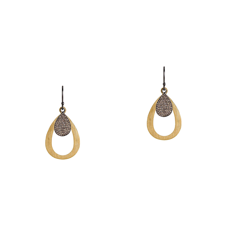 Black Gold Mini Pave Diamond & Yellow Gold Small Stackable Teardrops: A pair of earrings that are a combination of two teardrop design earrings of different sizes and different materials displayed against a white background.