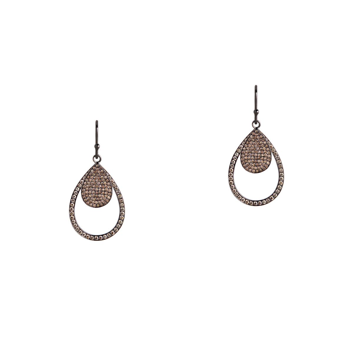 Black Gold Mini Pave & Small Diamond Teardrops: A pair of silver champagne diamond earrings that are a combination of two teardrop design earrings of different sizes, displayed against a white background.