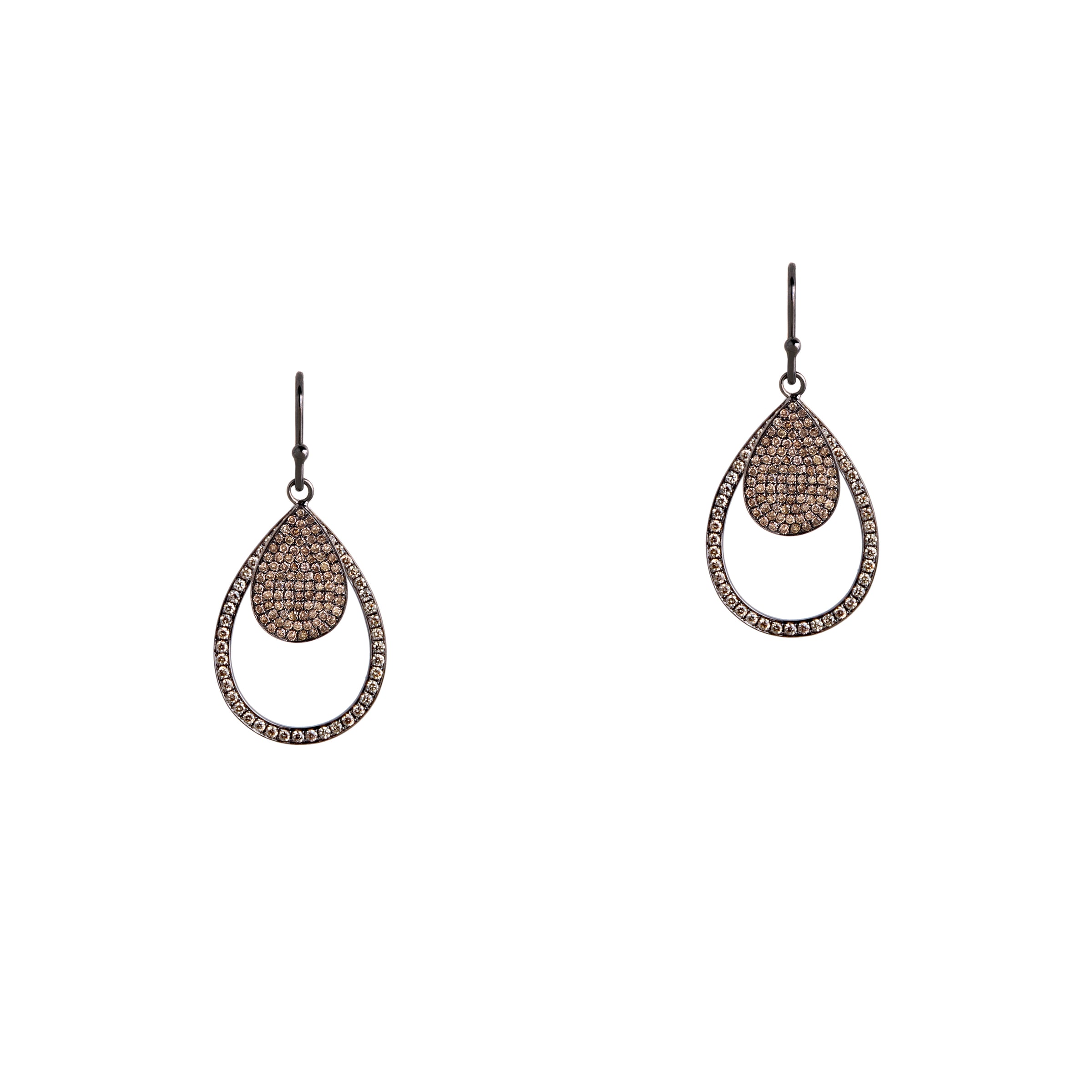 Black Gold Mini Pave & Small Diamond Teardrops: A pair of silver champagne diamond earrings that are a combination of two teardrop design earrings of different sizes, displayed against a white background.