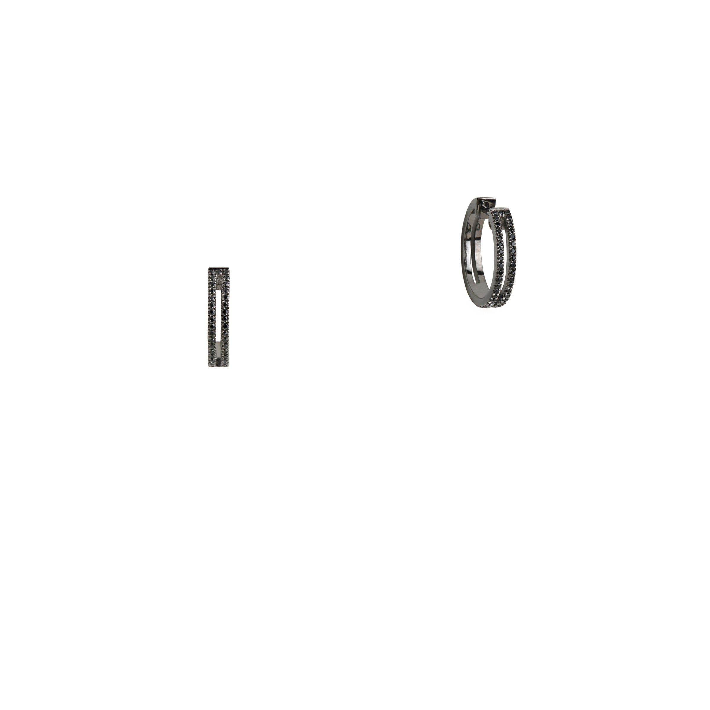 Black Spinel Open Bar Huggies: A pair of silver earrings with black spinel stones 