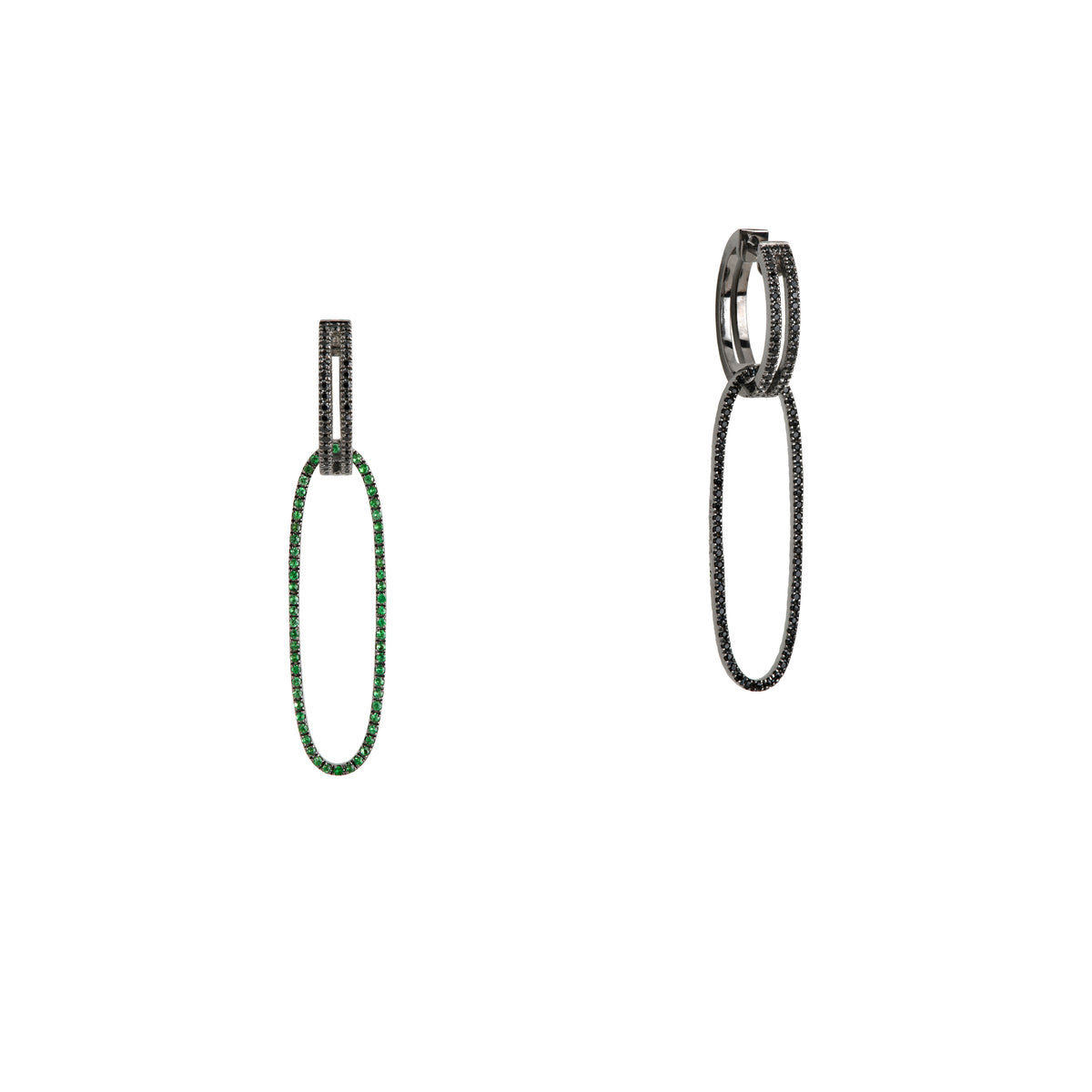 Black Spinel Open Bar Huggies w/ Reversible Black Spinel & Green Garnet Oval Extensions: A pair of sterling silver huggies earrings with extensions of one side featuring black spinel and the other side featuring green garnet