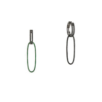 Black Spinel Open Bar Huggies w/ Reversible Black Spinel & Green Garnet Oval Extensions: A pair of sterling silver huggies earrings with extensions of one side featuring black spinel and the other side featuring green garnet