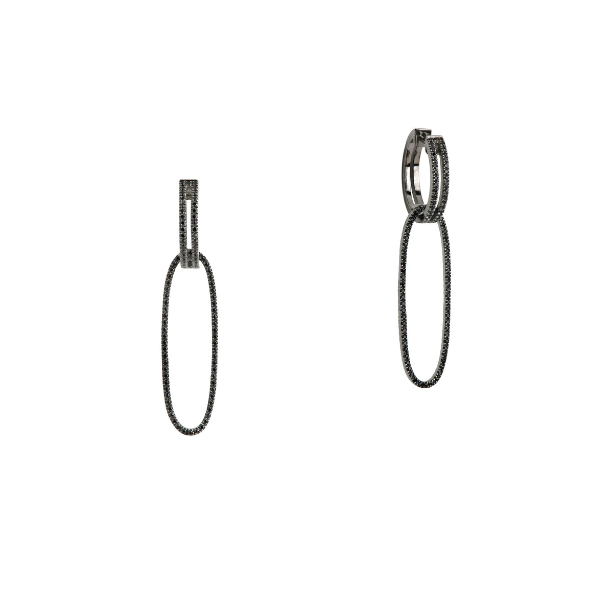 Black Spinel Open Bar Huggies w/ Reversible Black Spinel & Green Garnet Oval Extensions: A pair of sterling silver huggies earrings with extensions of one side featuring black spinel and the other side featuring green garnet