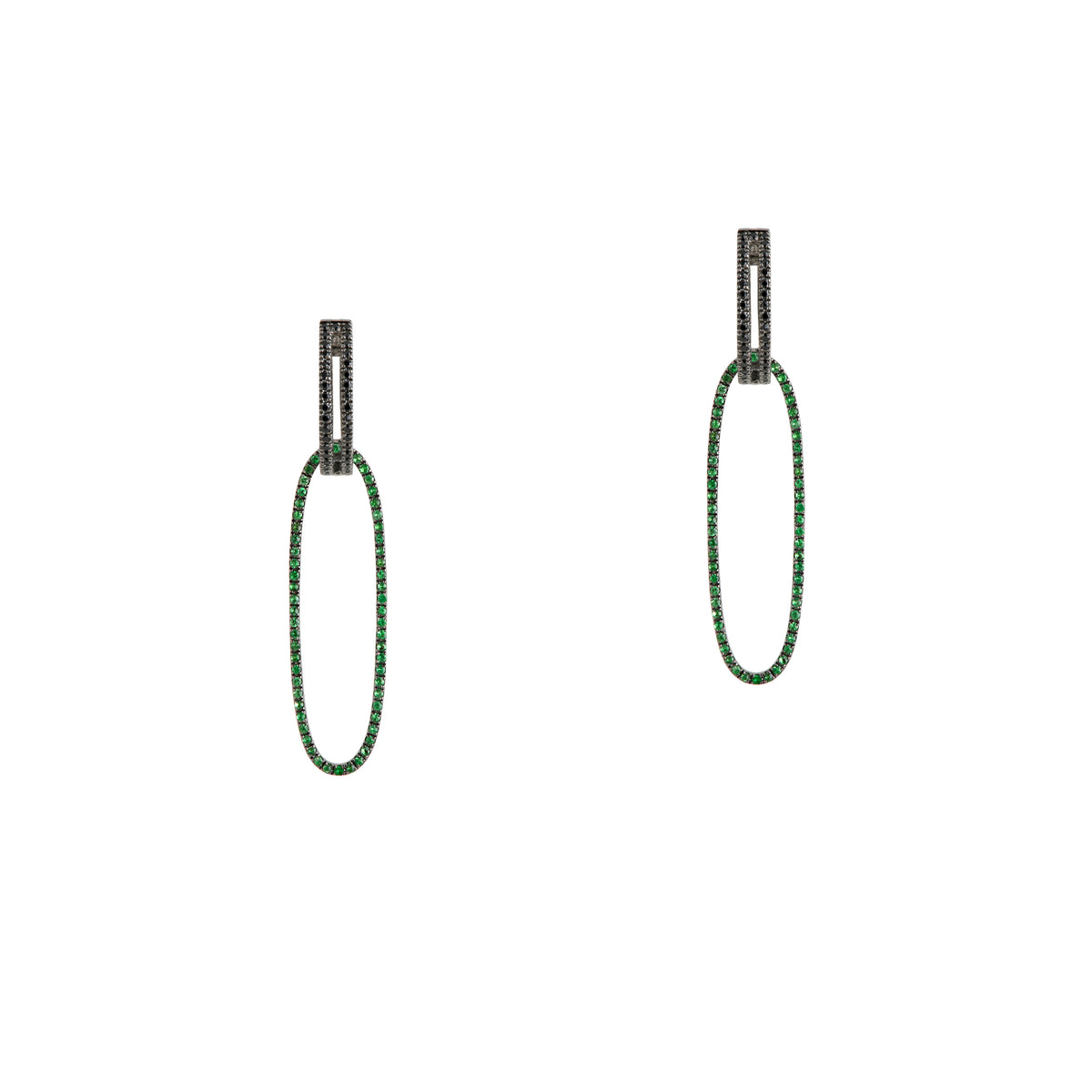 Black Spinel Open Bar Huggies w/ Reversible Black Spinel & Green Garnet Oval Extensions: A pair of sterling silver huggies earrings with extensions of one side featuring black spinel and the other side featuring green garnet