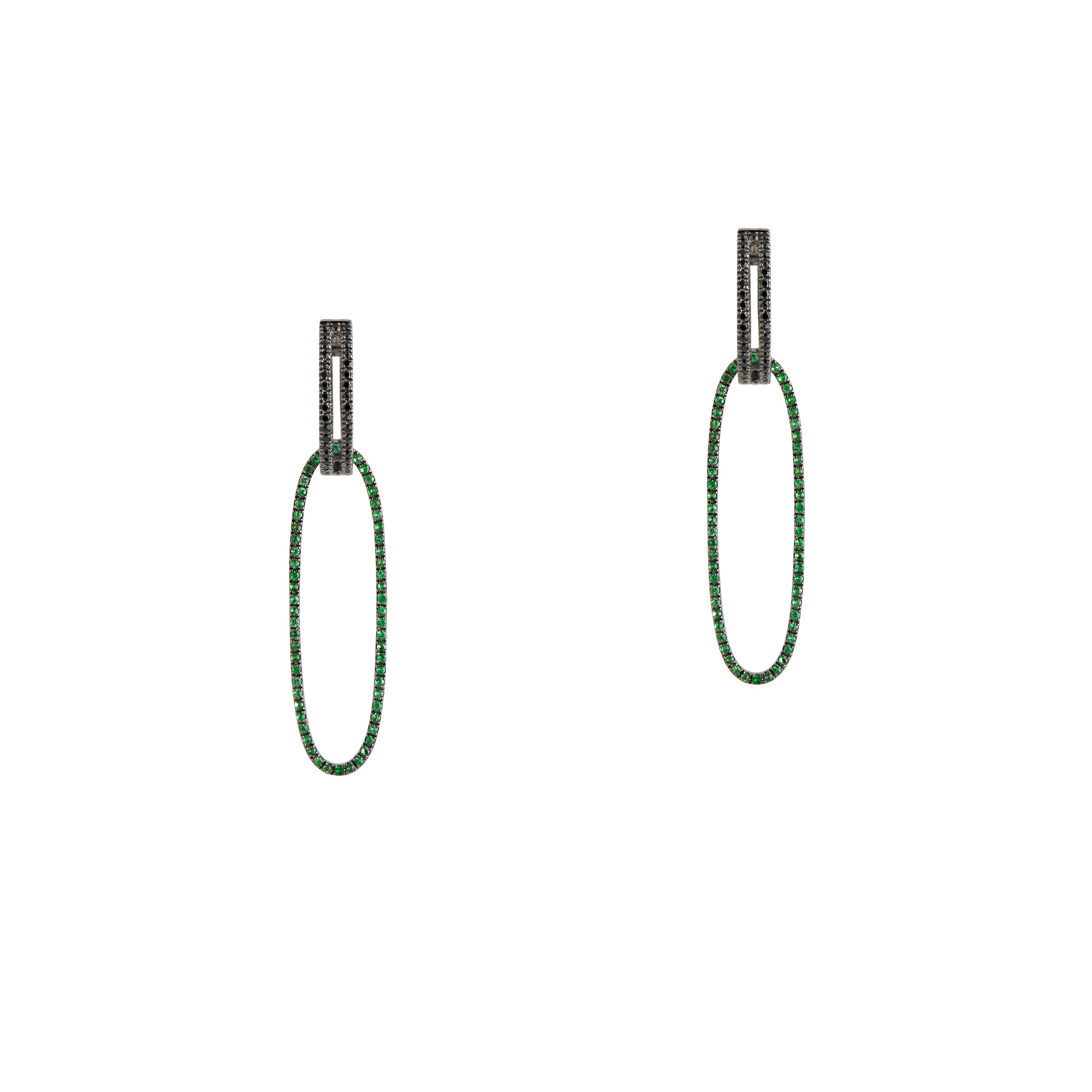 Black Spinel Open Bar Huggies w/ Reversible Black Spinel & Green Garnet Oval Extensions: A pair of sterling silver huggies earrings with extensions of one side featuring black spinel and the other side featuring green garnet