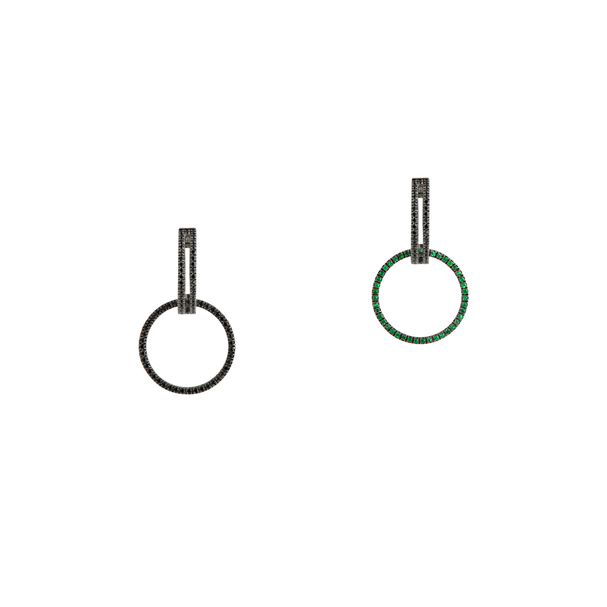 Black Spinel Open Bar Huggies w/ Reversible Black Spinel & Green Garnet Round Extensions: A pair of sterling silver huggies earrings with extensions of one side featuring black spinel and the other side featuring green garnet