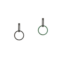 Black Spinel Open Bar Huggies w/ Reversible Black Spinel & Green Garnet Round Extensions: A pair of sterling silver huggies earrings with extensions of one side featuring black spinel and the other side featuring green garnet