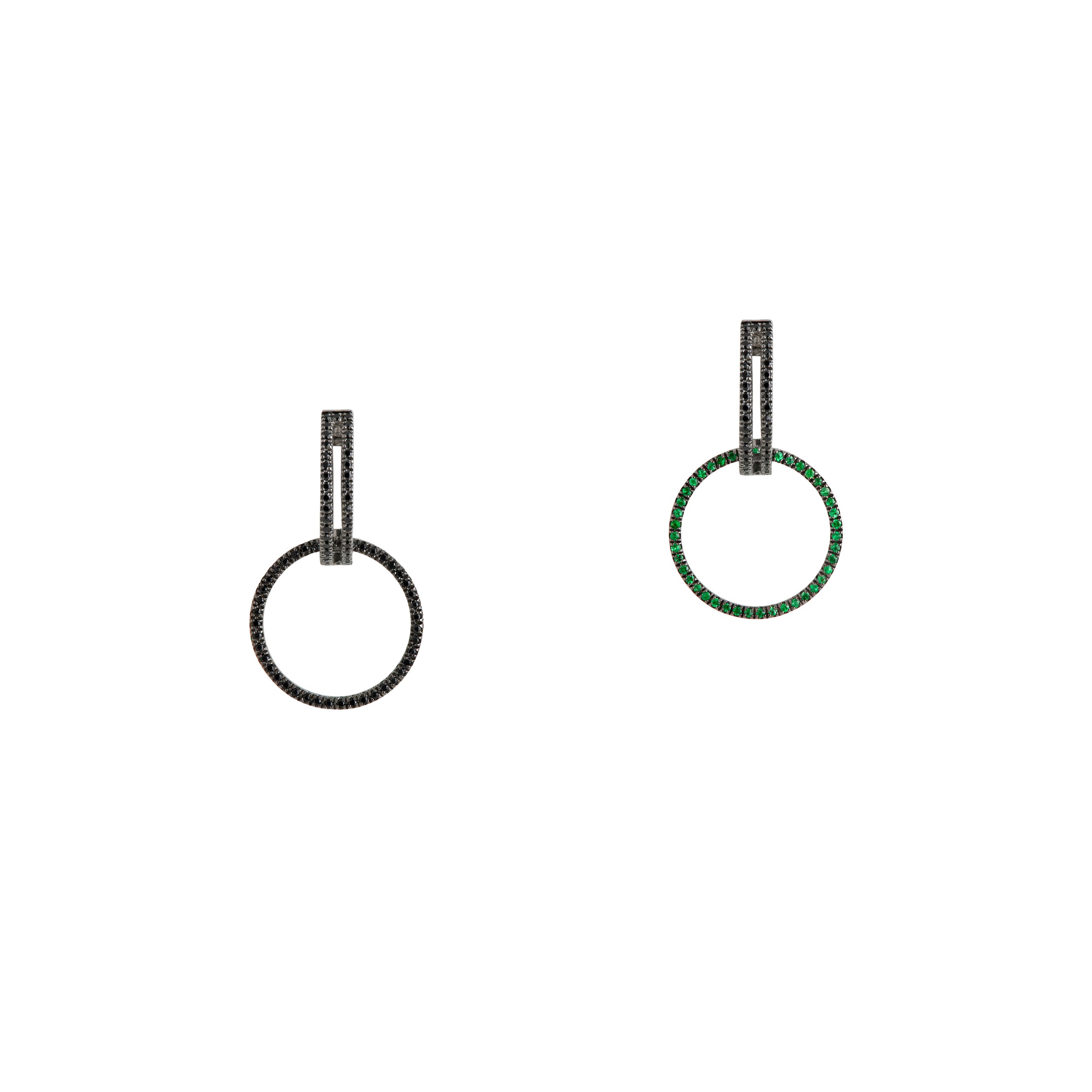 Black Spinel Open Bar Huggies w/ Reversible Black Spinel & Green Garnet Round Extensions: A pair of sterling silver huggies earrings with extensions of one side featuring black spinel and the other side featuring green garnet