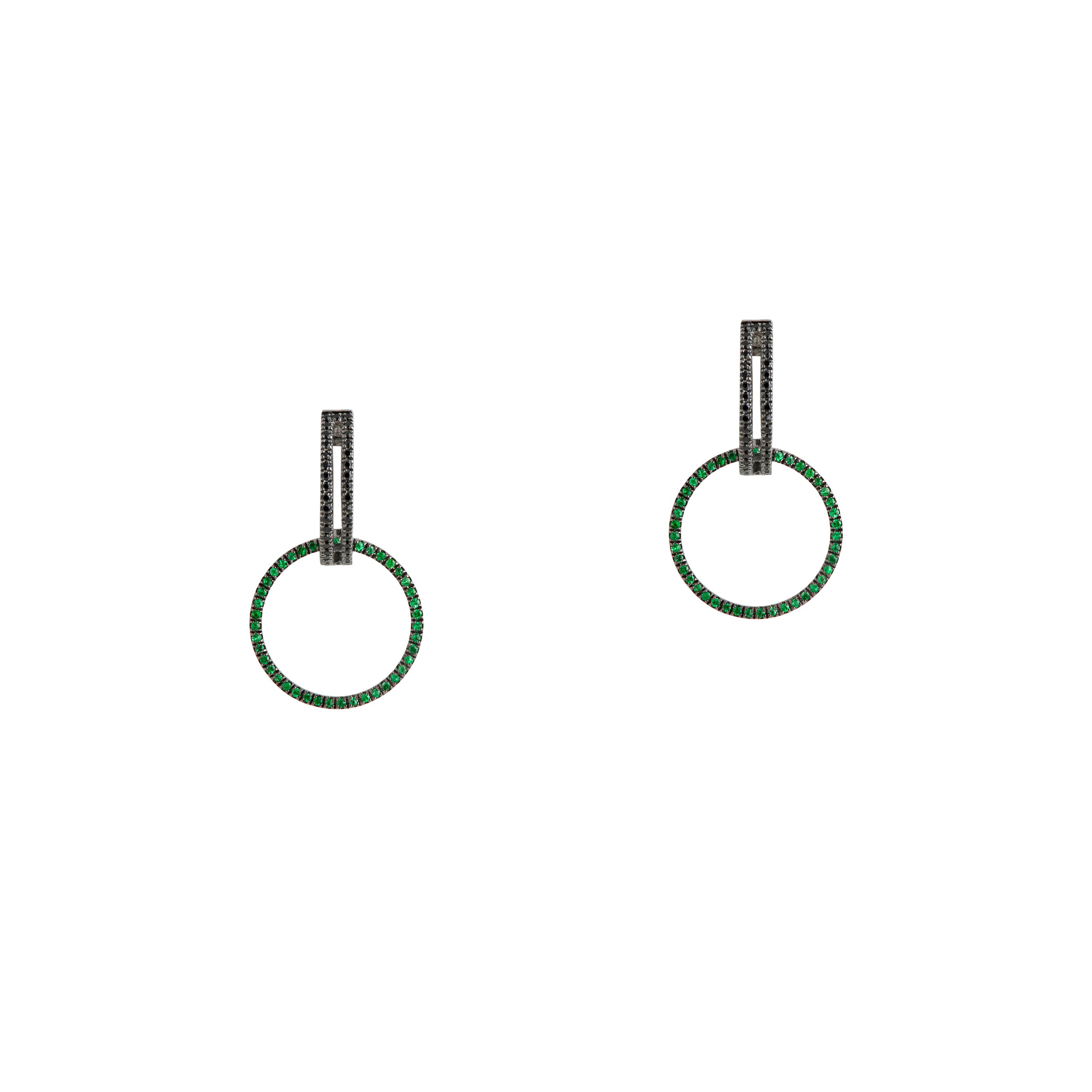 Black Spinel Open Bar Huggies w/ Reversible Black Spinel & Green Garnet Round Extensions: A pair of sterling silver huggies earrings with extensions of one side featuring black spinel and the other side featuring green garnet