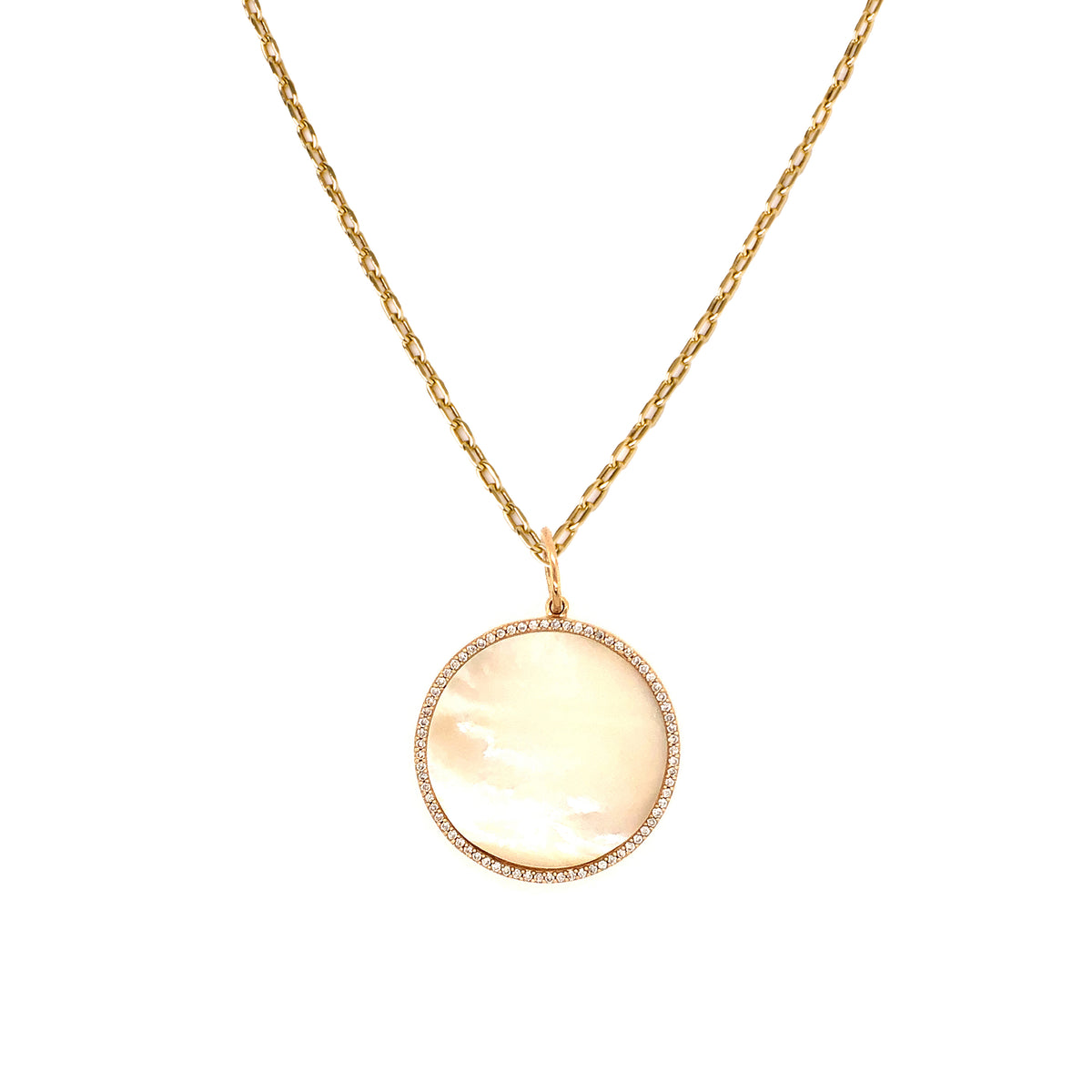 Cream Large Mother-of-Pearl Medallion Necklace: 14K gold necklace with a medallion pendant with a Mother-of-Pearl surrounded by diamonds