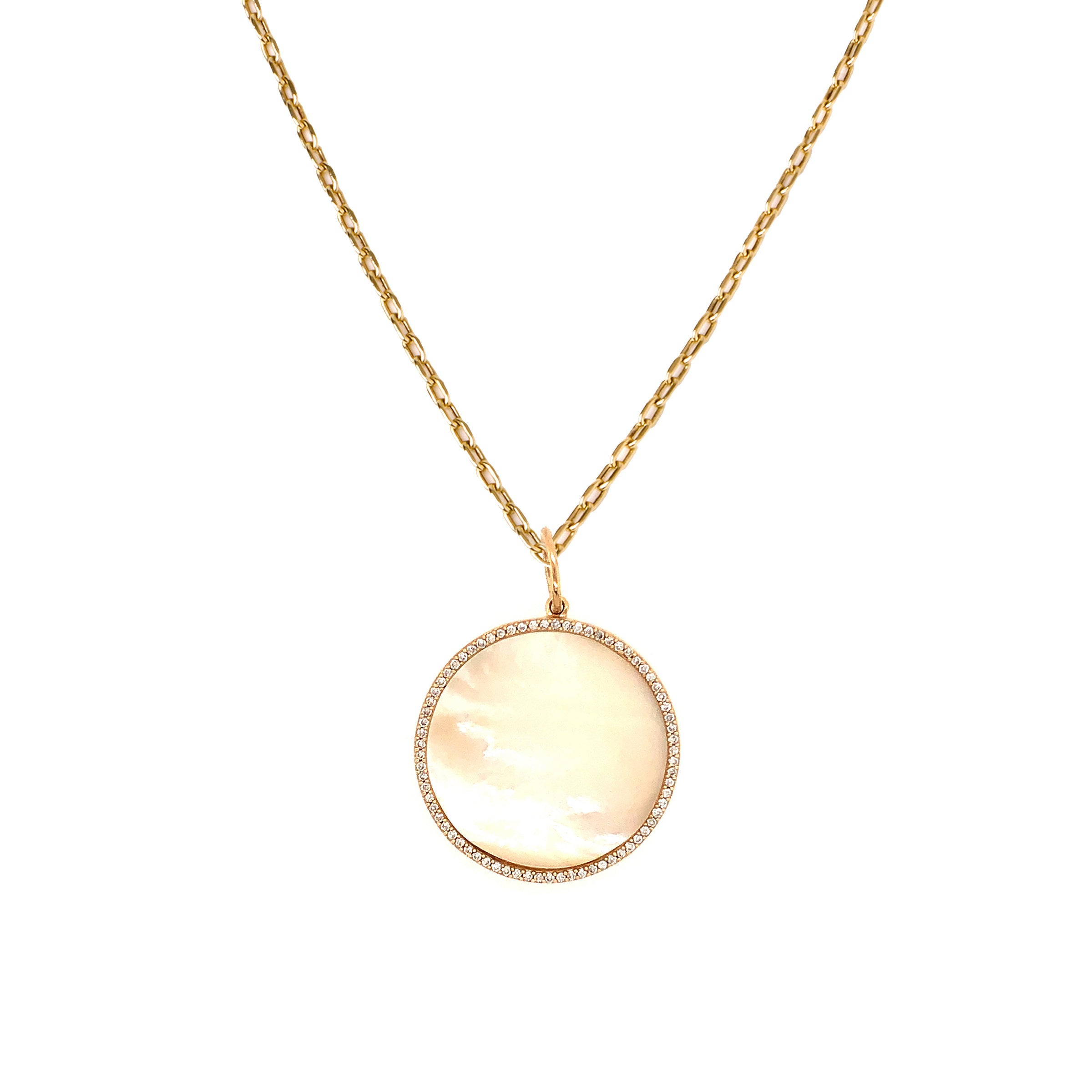 Cream Large Mother-of-Pearl Medallion Necklace: 14K gold necklace with a medallion pendant with a Mother-of-Pearl surrounded by diamonds