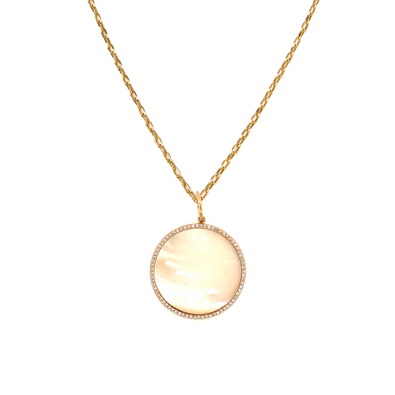 Cream Large Mother-of-Pearl Medallion Necklace: 14K gold necklace with a medallion pendant with a Mother-of-Pearl surrounded by diamonds