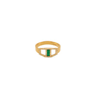 Deco Emerald Ring: 14K gold ring with a baguette emerald in the center and diamonds sounding it.