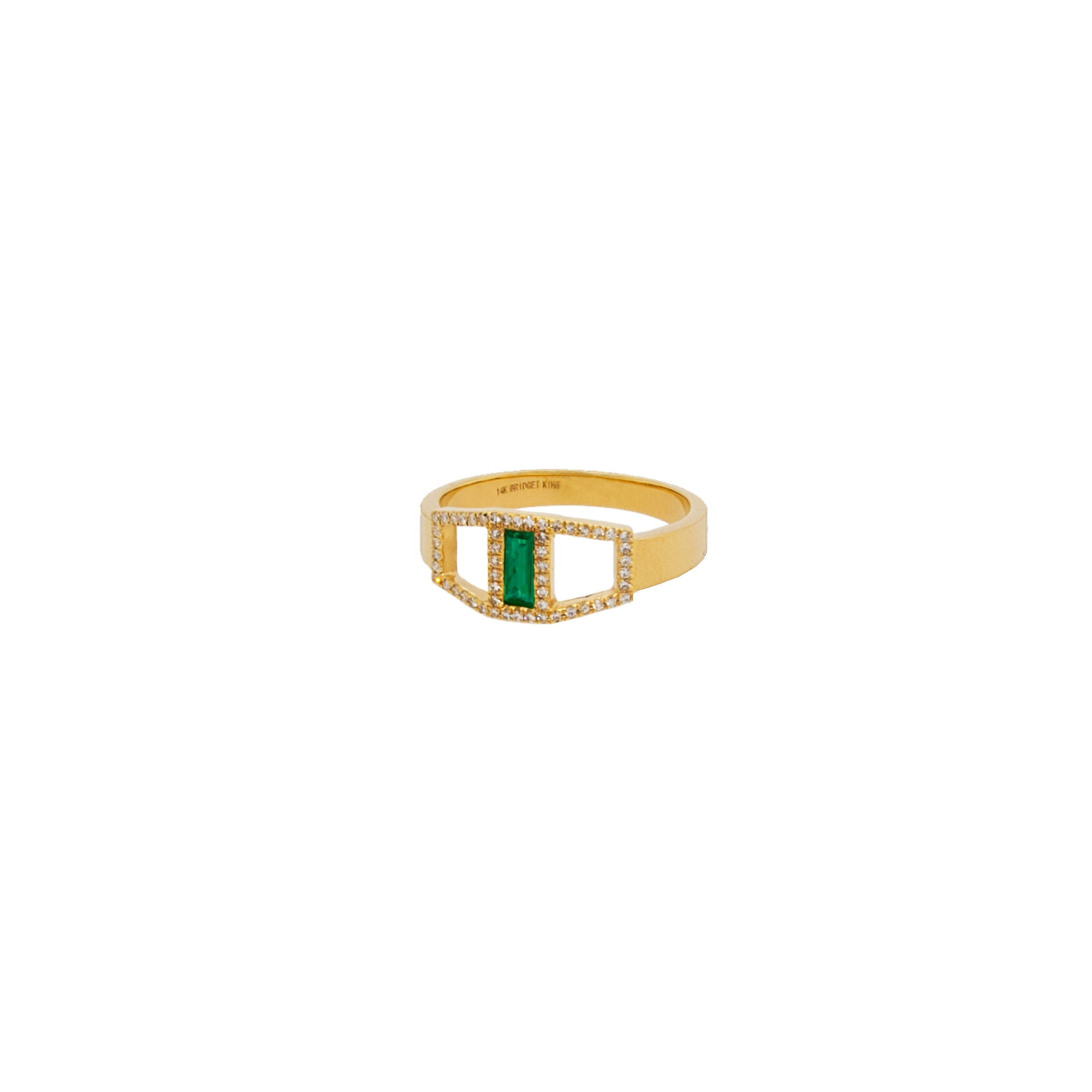 Deco Emerald Ring: 14K gold ring with a baguette emerald in the center and diamonds sounding it.