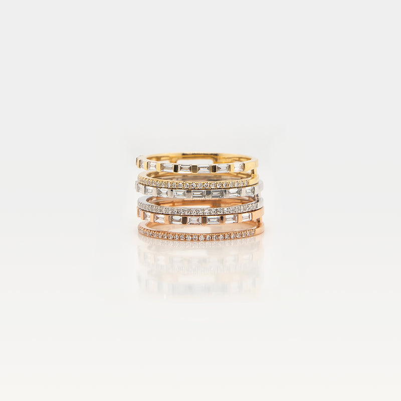 Deco Ring: 14K Gold rings with a row of round diamonds and a row of baguette diamonds