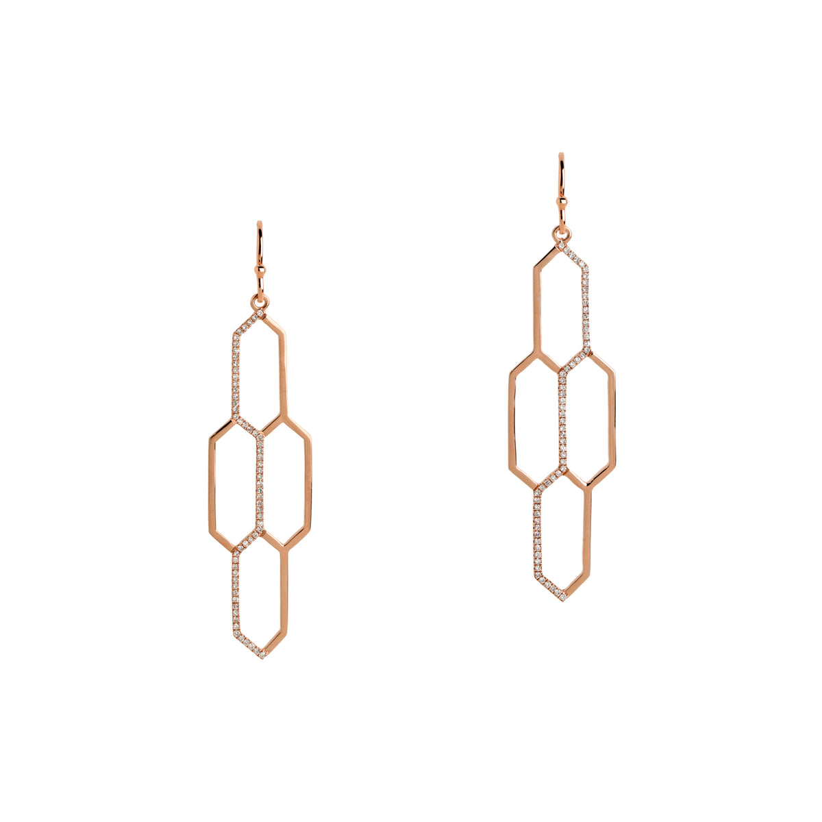 Diamond Honeycomb Earrings: A pair of rose gold honeycomb earrings with diamond accents.