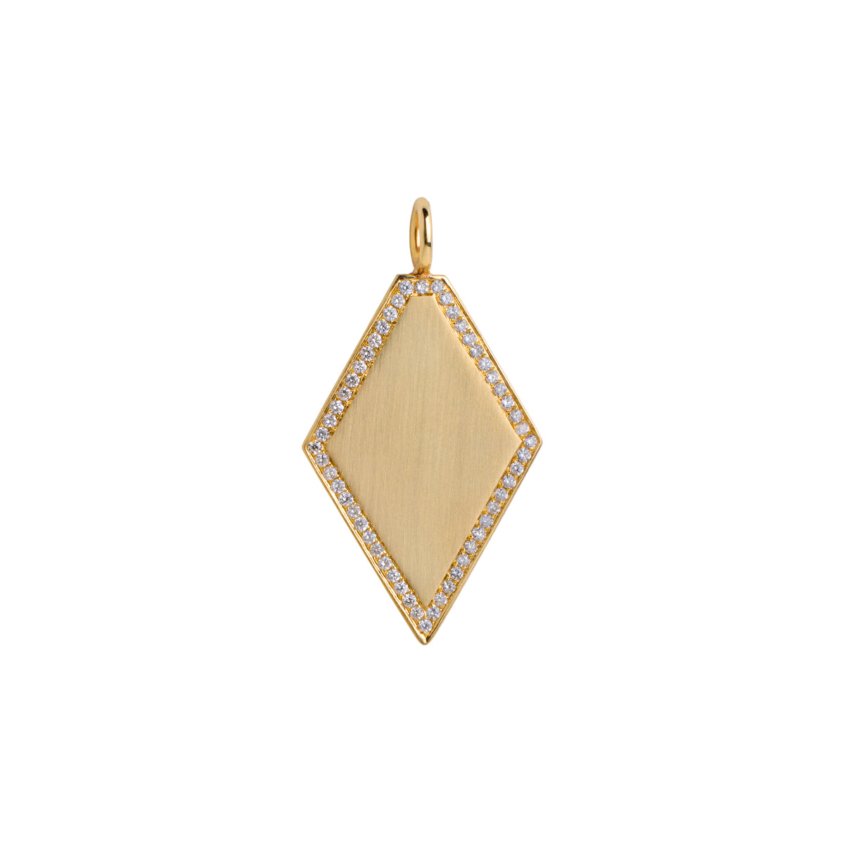 Diamond Shaped Pendant: a 14K gold diamond-shaped engravable pendant surrounded by diamonds