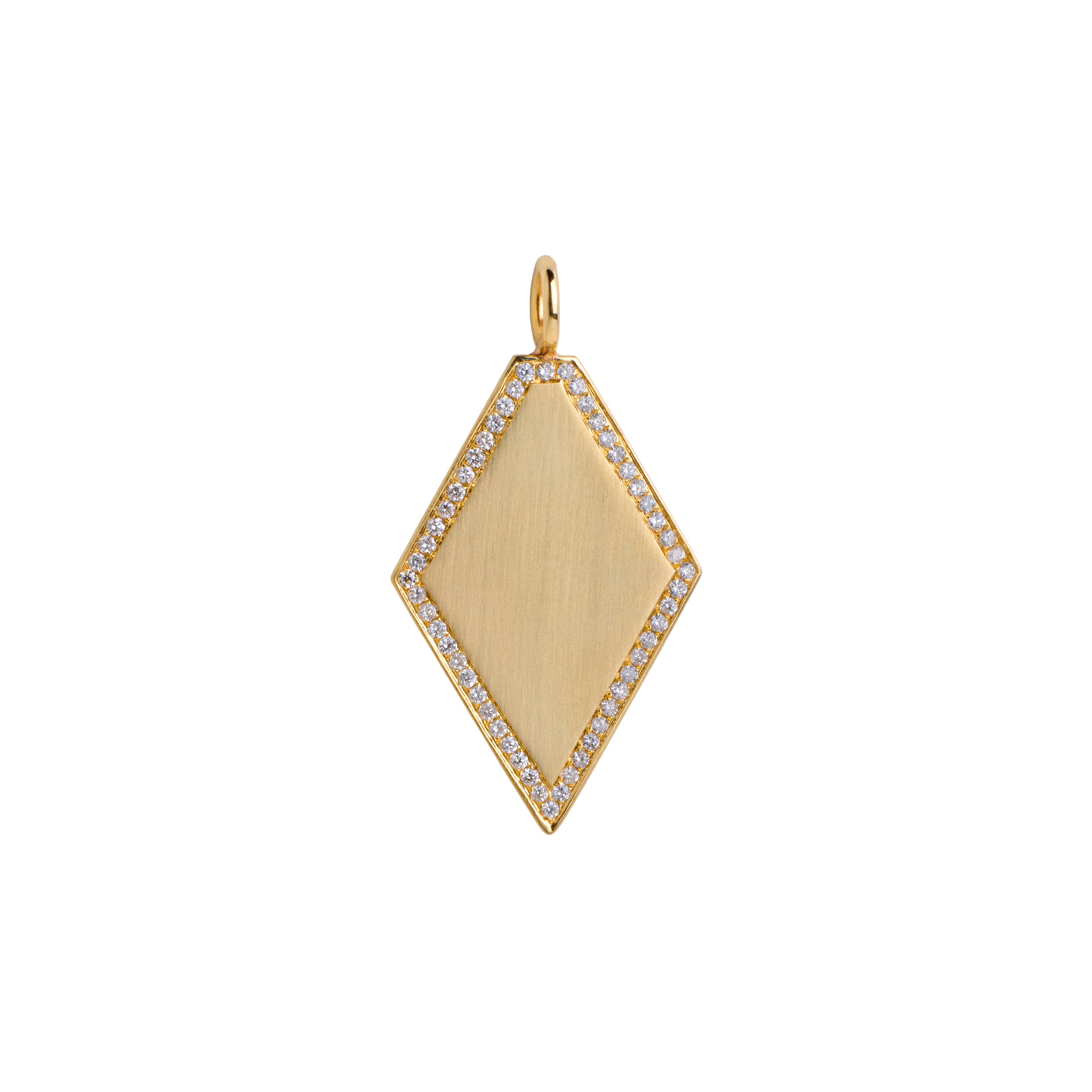 Diamond Shaped Pendant: a 14K gold diamond-shaped engravable pendant surrounded by diamonds