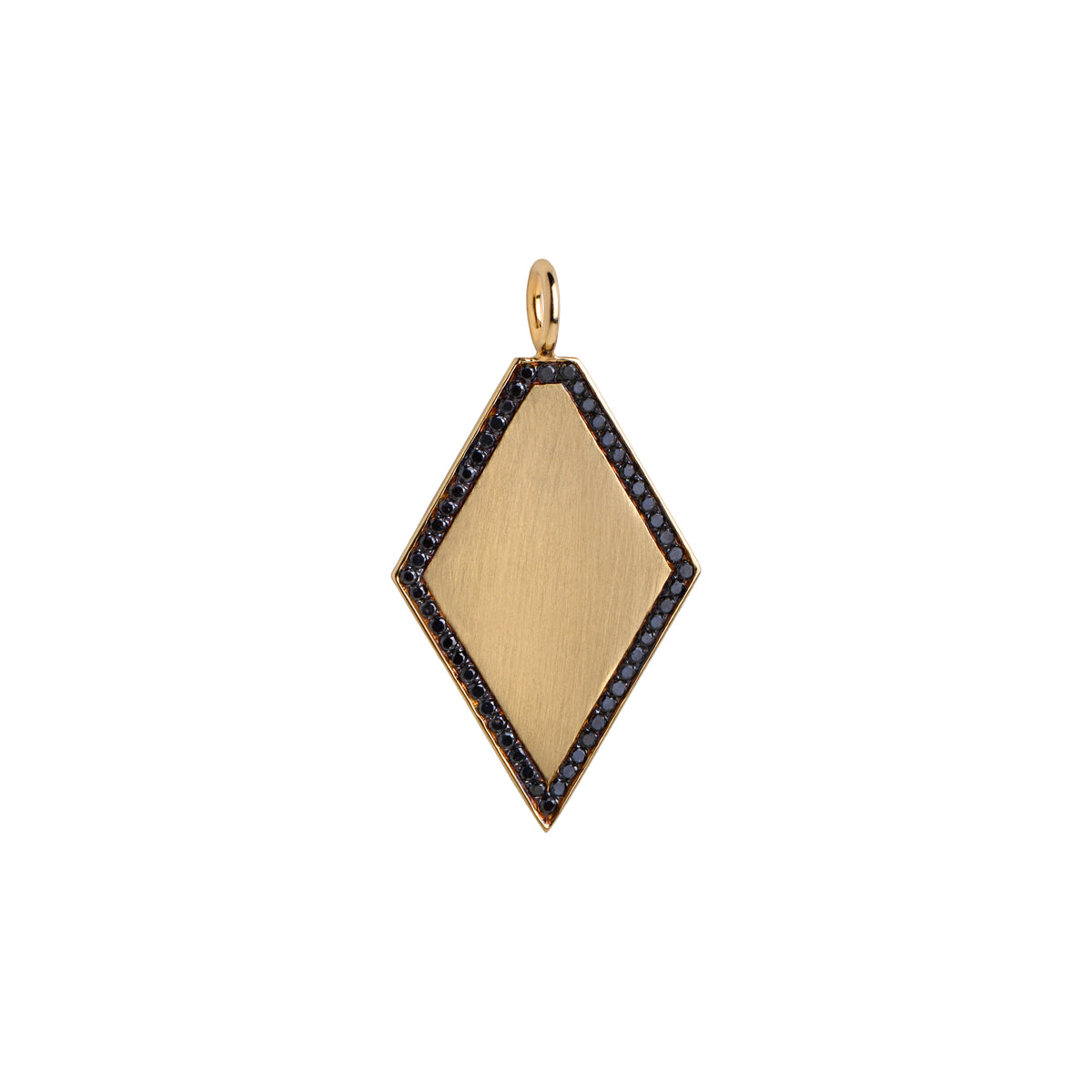Diamond Shaped Pendant with Black Diamonds: a 14K gold diamond-shaped engravable pendant surrounded by black diamonds
