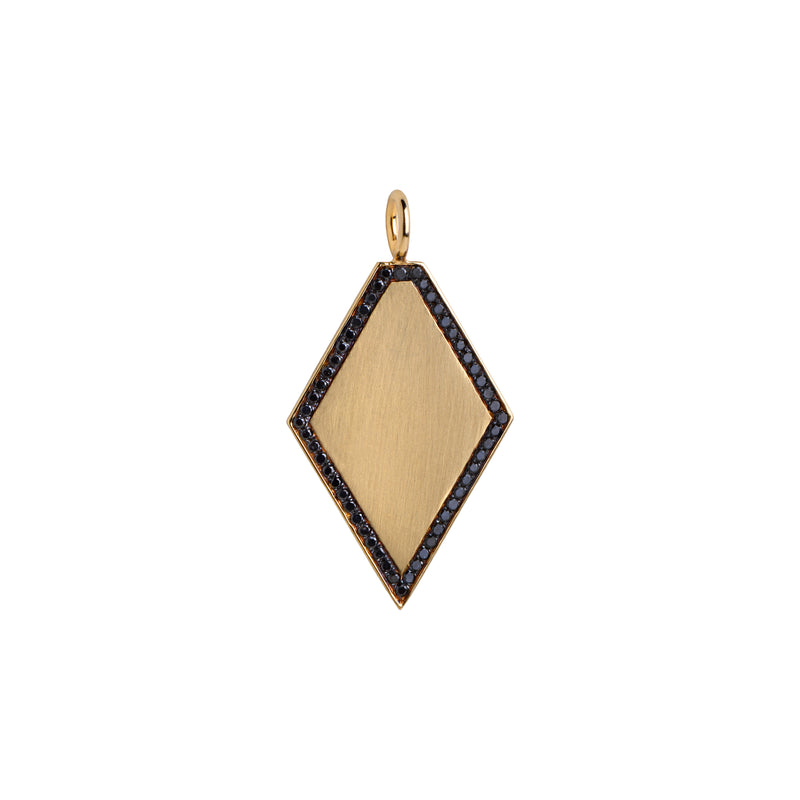 Diamond Shaped Pendant with Black Diamonds: a 14K gold diamond-shaped engravable pendant surrounded by black diamonds